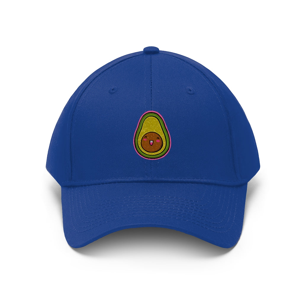 Avocado Unisex Twill Hat featuring a classic 6-panel design and adjustable Velcro closure, made from 100% cotton twill.