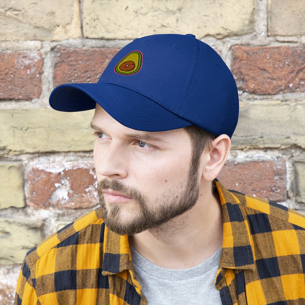 Avocado Unisex Twill Hat featuring a classic 6-panel design and adjustable Velcro closure, made from 100% cotton twill.