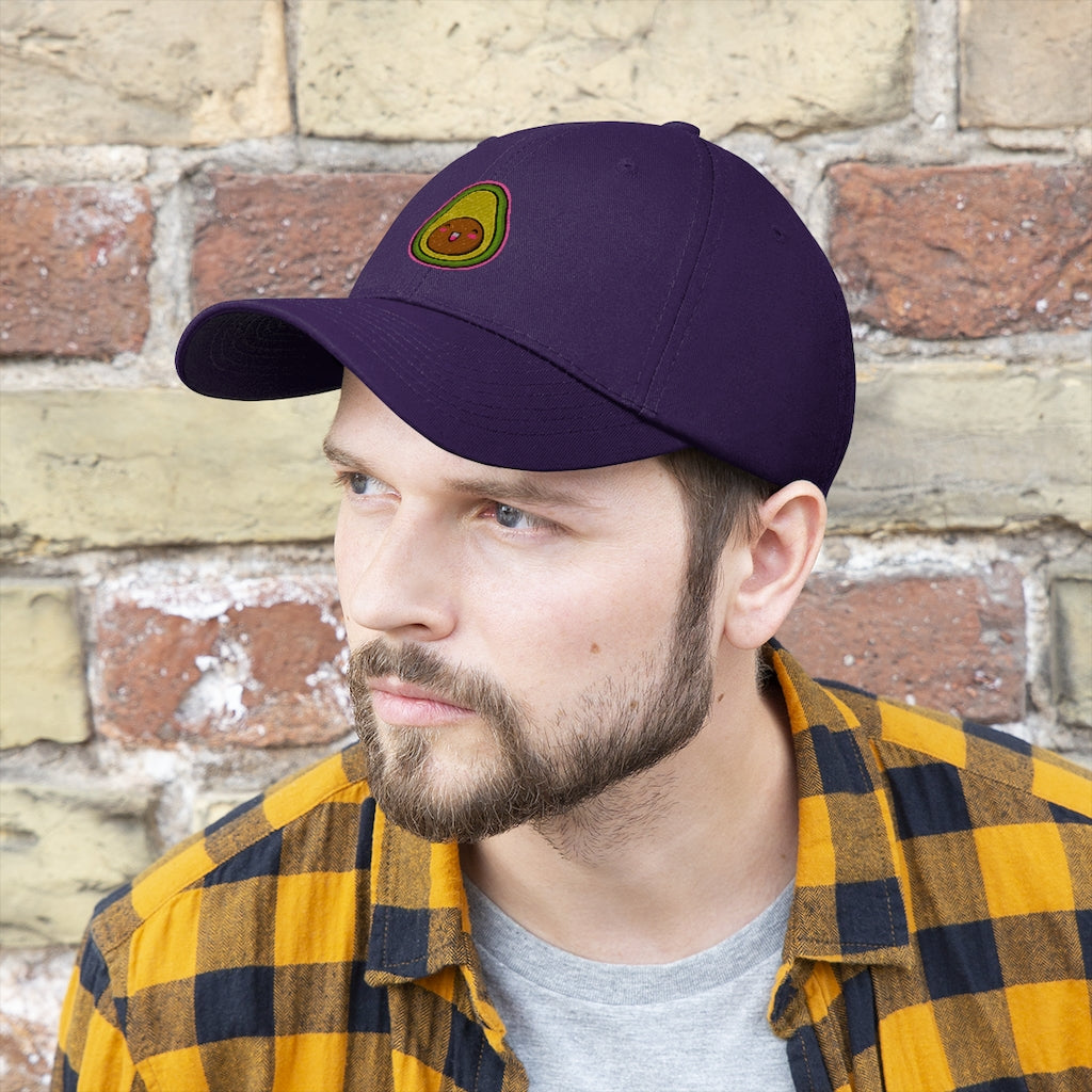 Avocado Unisex Twill Hat featuring a classic 6-panel design and adjustable Velcro closure, made from 100% cotton twill.