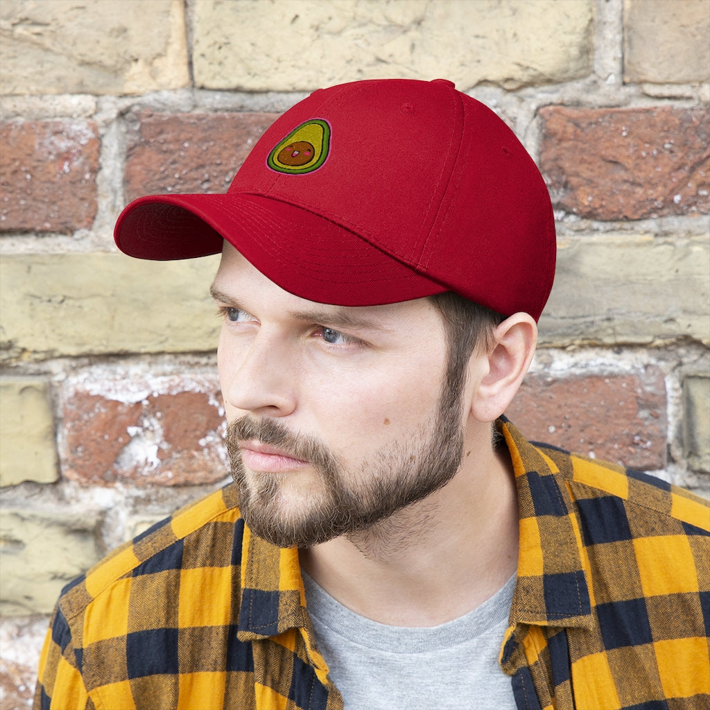 Avocado Unisex Twill Hat featuring a classic 6-panel design and adjustable Velcro closure, made from 100% cotton twill.