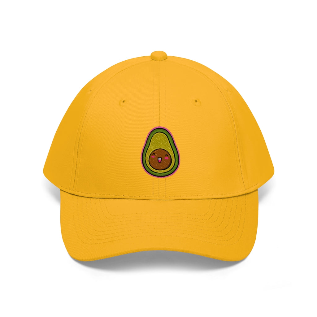 Avocado Unisex Twill Hat featuring a classic 6-panel design and adjustable Velcro closure, made from 100% cotton twill.