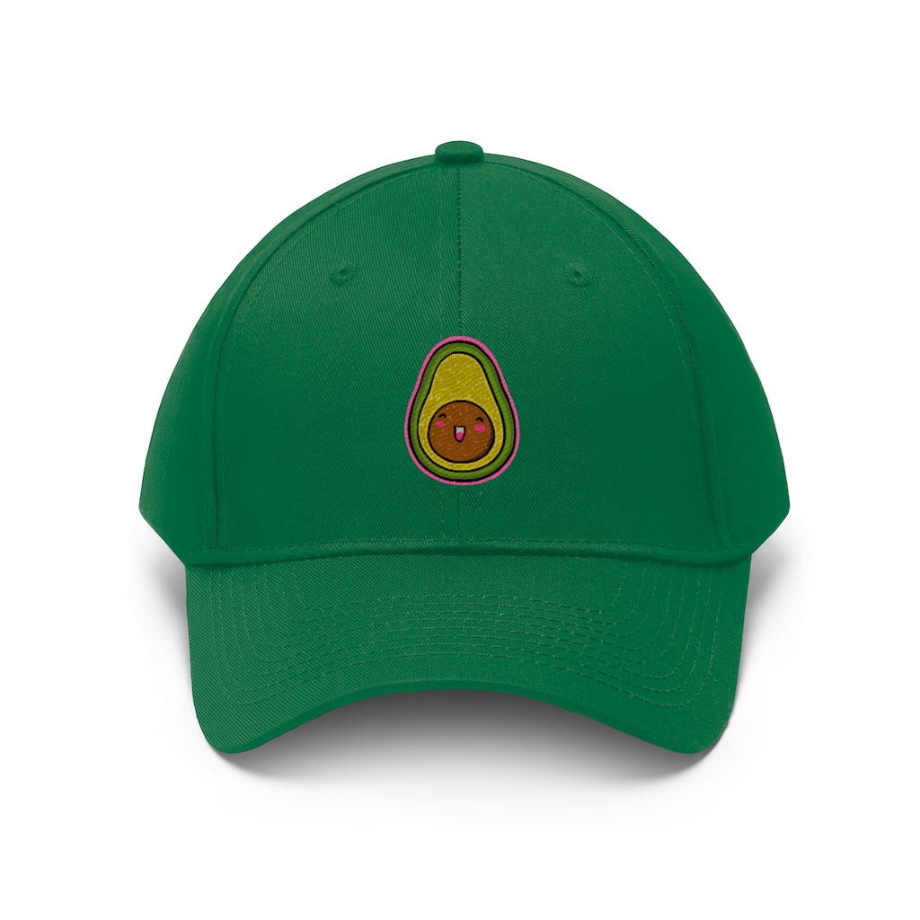 Avocado Unisex Twill Hat featuring a classic 6-panel design and adjustable Velcro closure, made from 100% cotton twill.