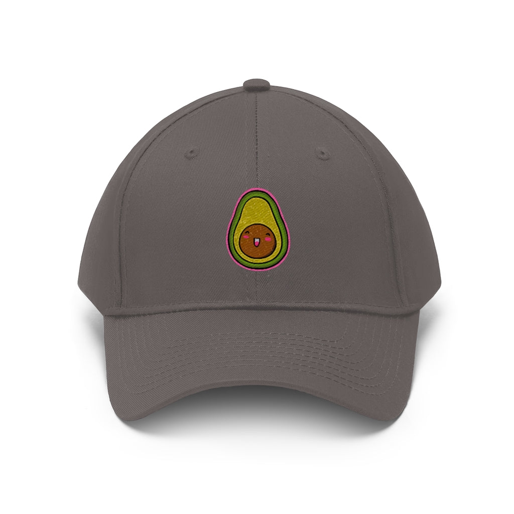 Avocado Unisex Twill Hat featuring a classic 6-panel design and adjustable Velcro closure, made from 100% cotton twill.