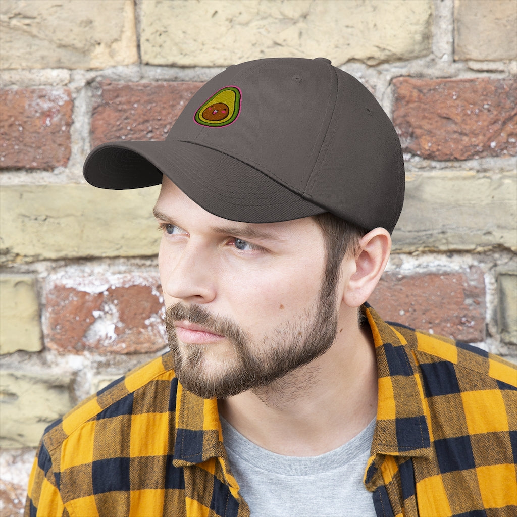 Avocado Unisex Twill Hat featuring a classic 6-panel design and adjustable Velcro closure, made from 100% cotton twill.