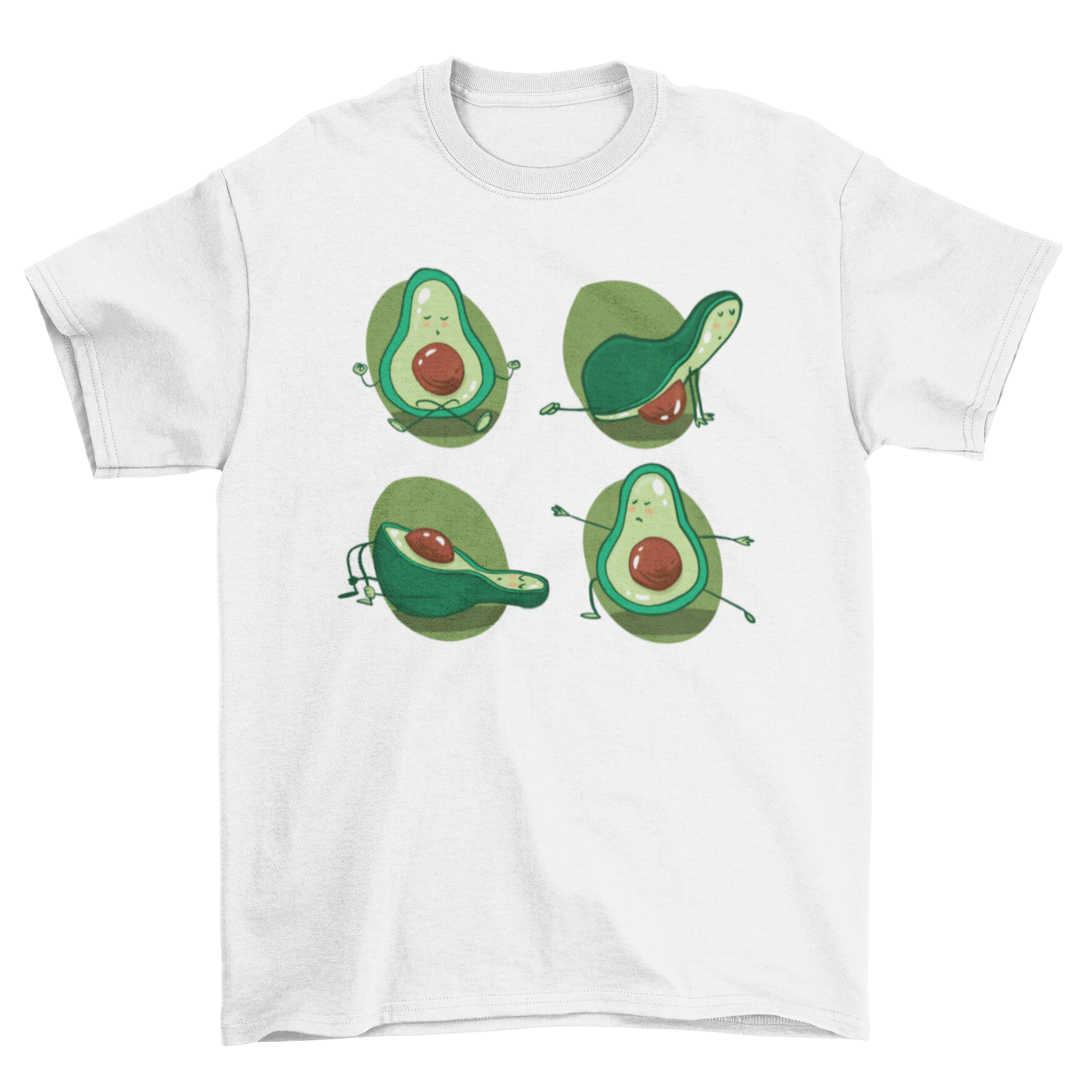 A humorous t-shirt design featuring an avocado performing four different yoga poses, showcasing a fun and playful style.