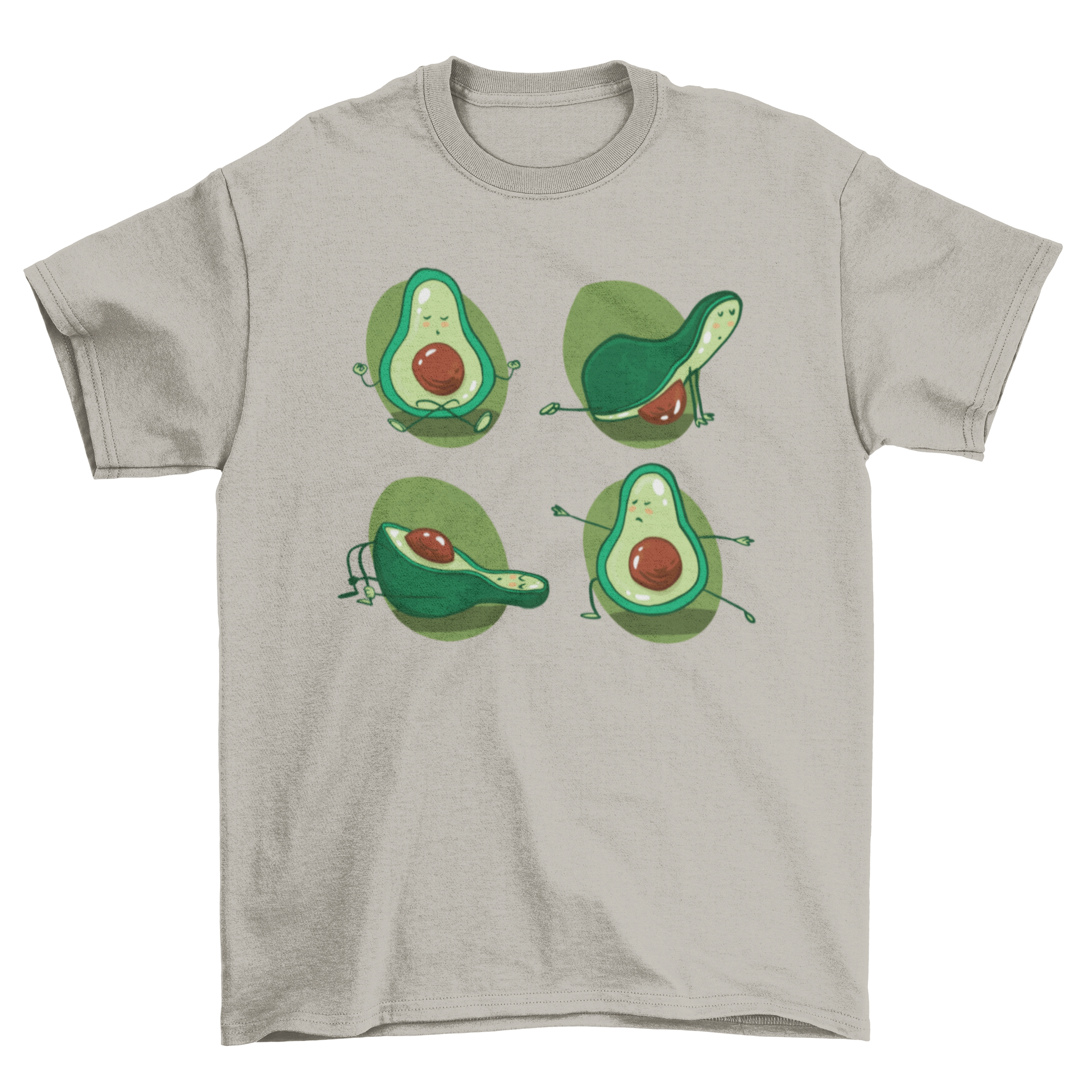 A humorous t-shirt design featuring an avocado performing four different yoga poses, showcasing a fun and playful style.