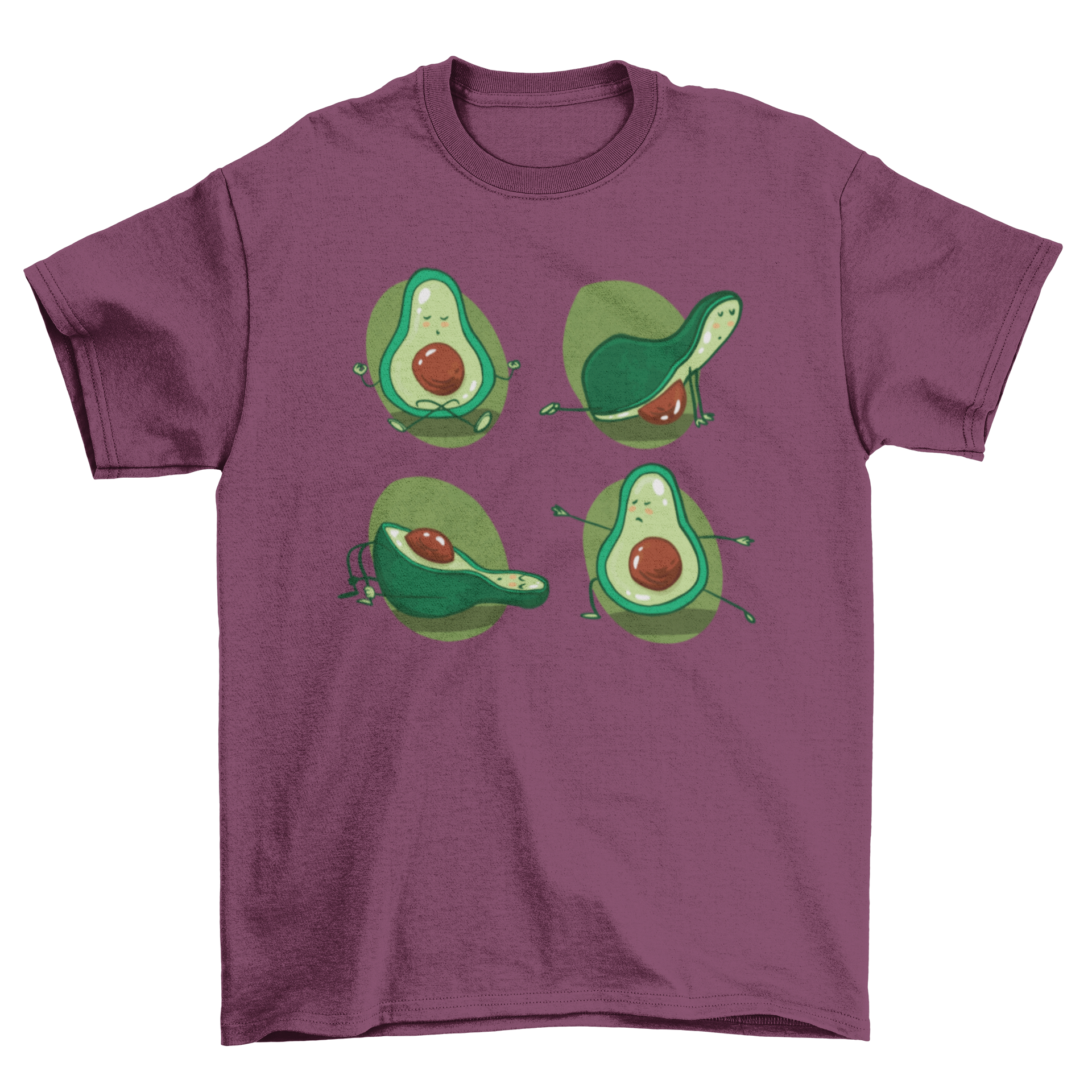 A humorous t-shirt design featuring an avocado performing four different yoga poses, showcasing a fun and playful style.