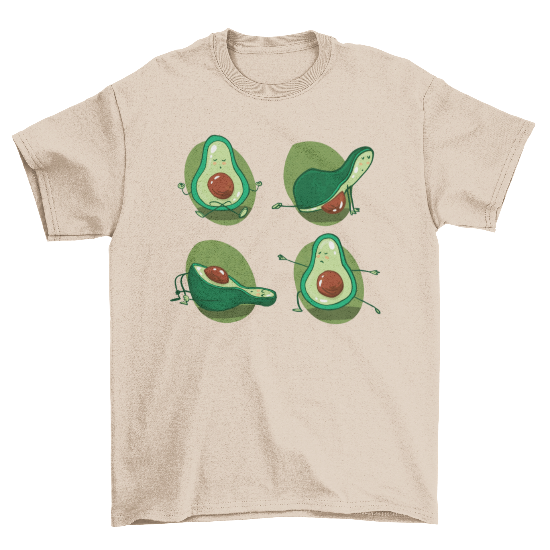 A humorous t-shirt design featuring an avocado performing four different yoga poses, showcasing a fun and playful style.