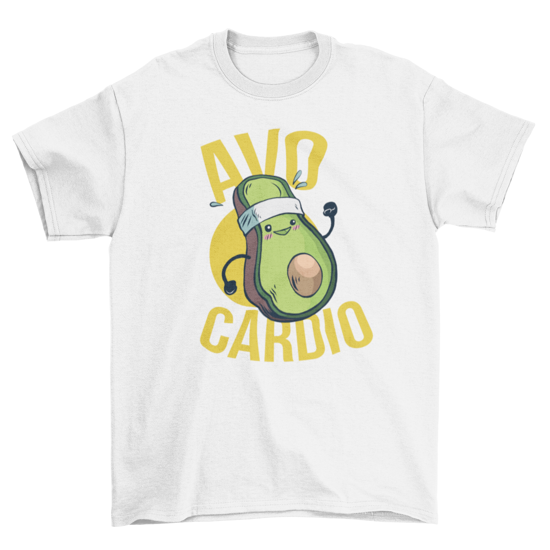 Avocardio T-Shirt featuring a running avocado illustration with 'Avo Cardio' lettering.