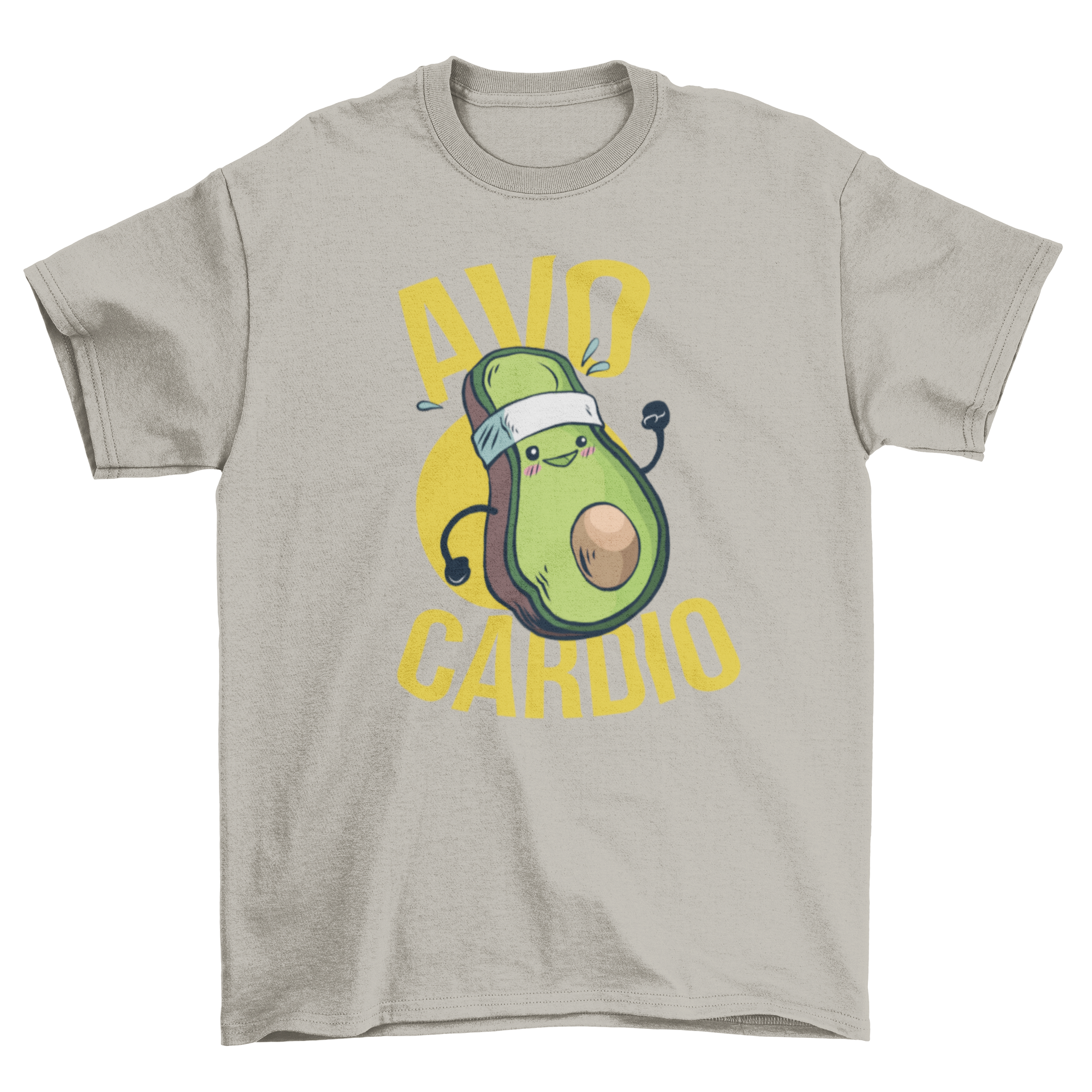 Avocardio T-Shirt featuring a running avocado illustration with 'Avo Cardio' lettering.