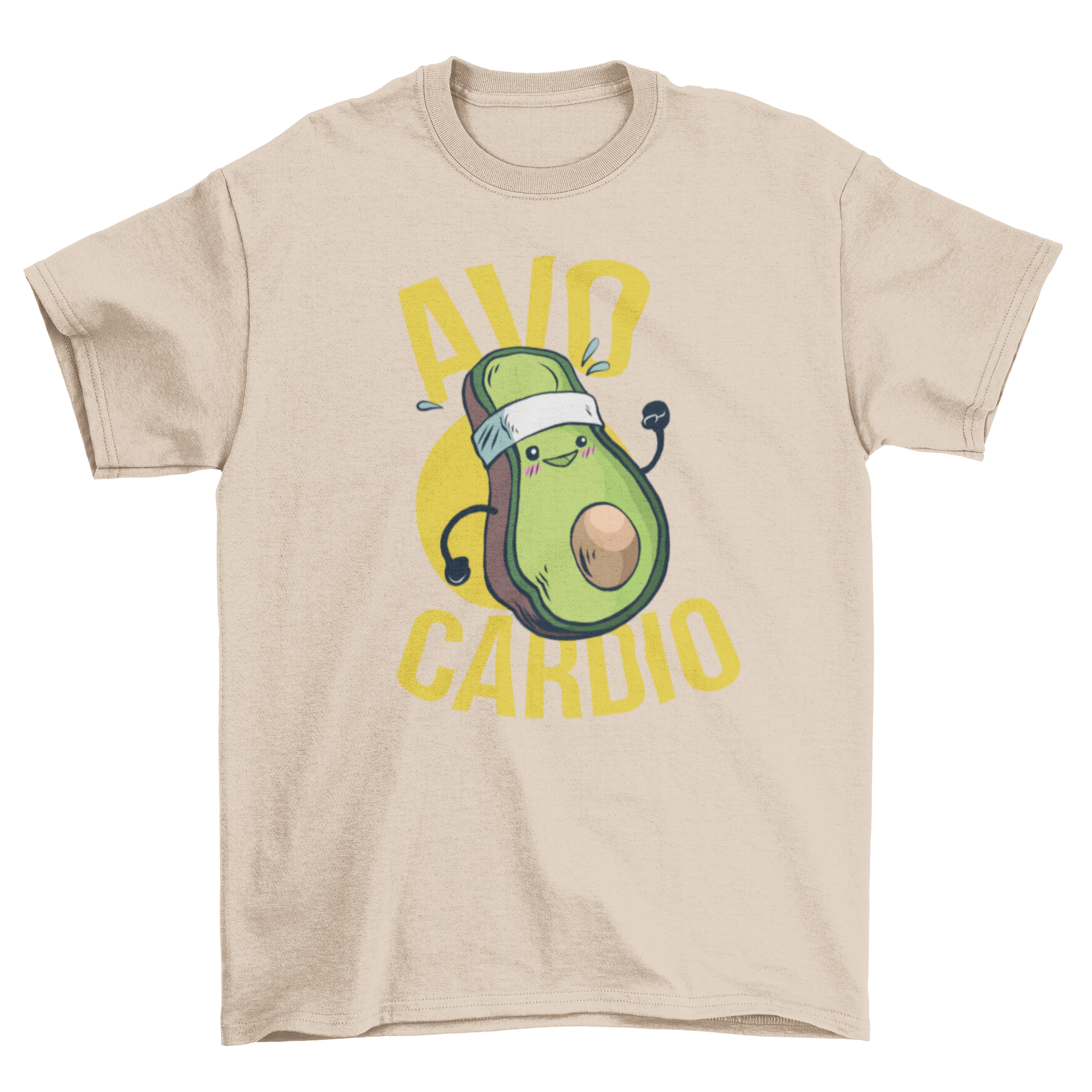 Avocardio T-Shirt featuring a running avocado illustration with 'Avo Cardio' lettering.