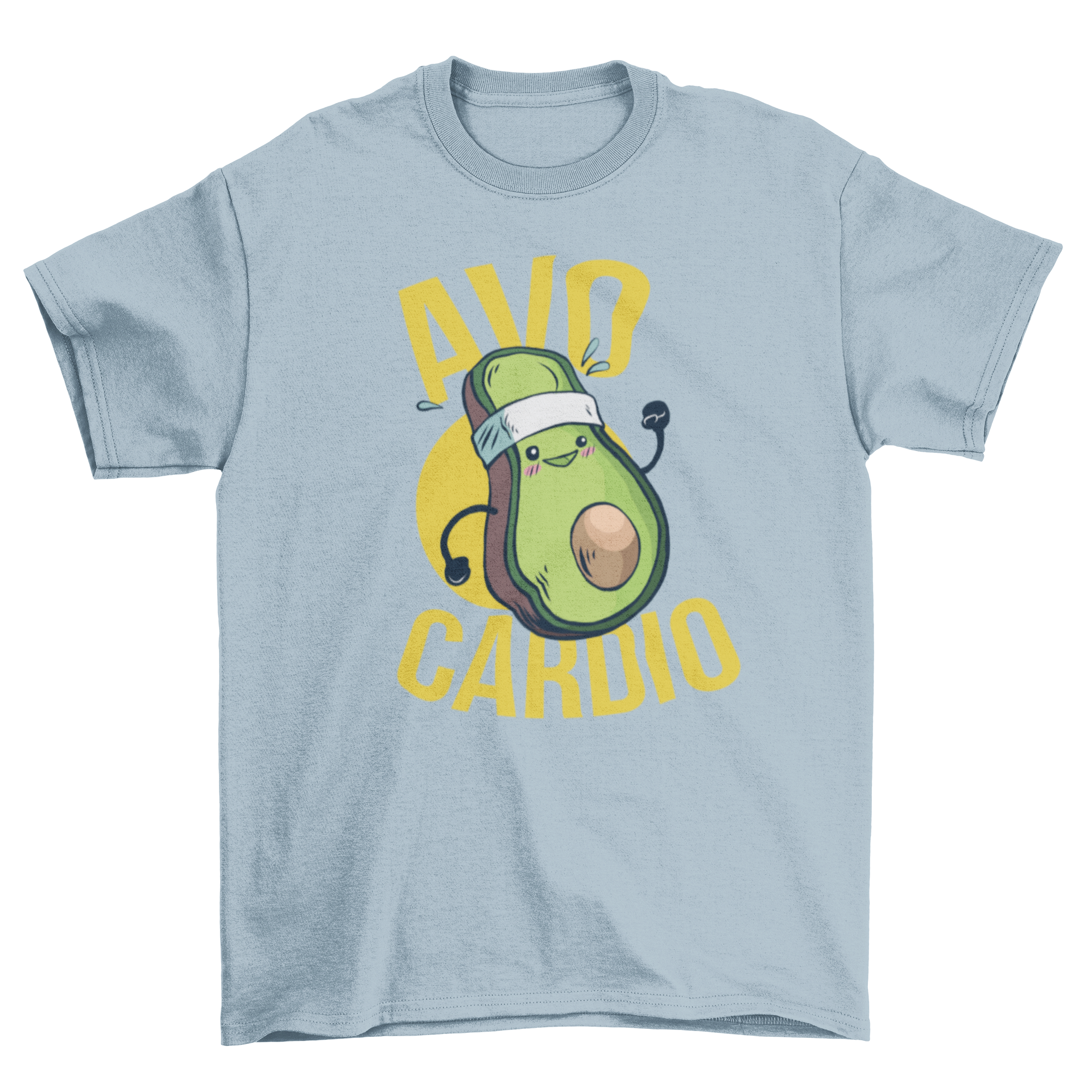 Avocardio T-Shirt featuring a running avocado illustration with 'Avo Cardio' lettering.