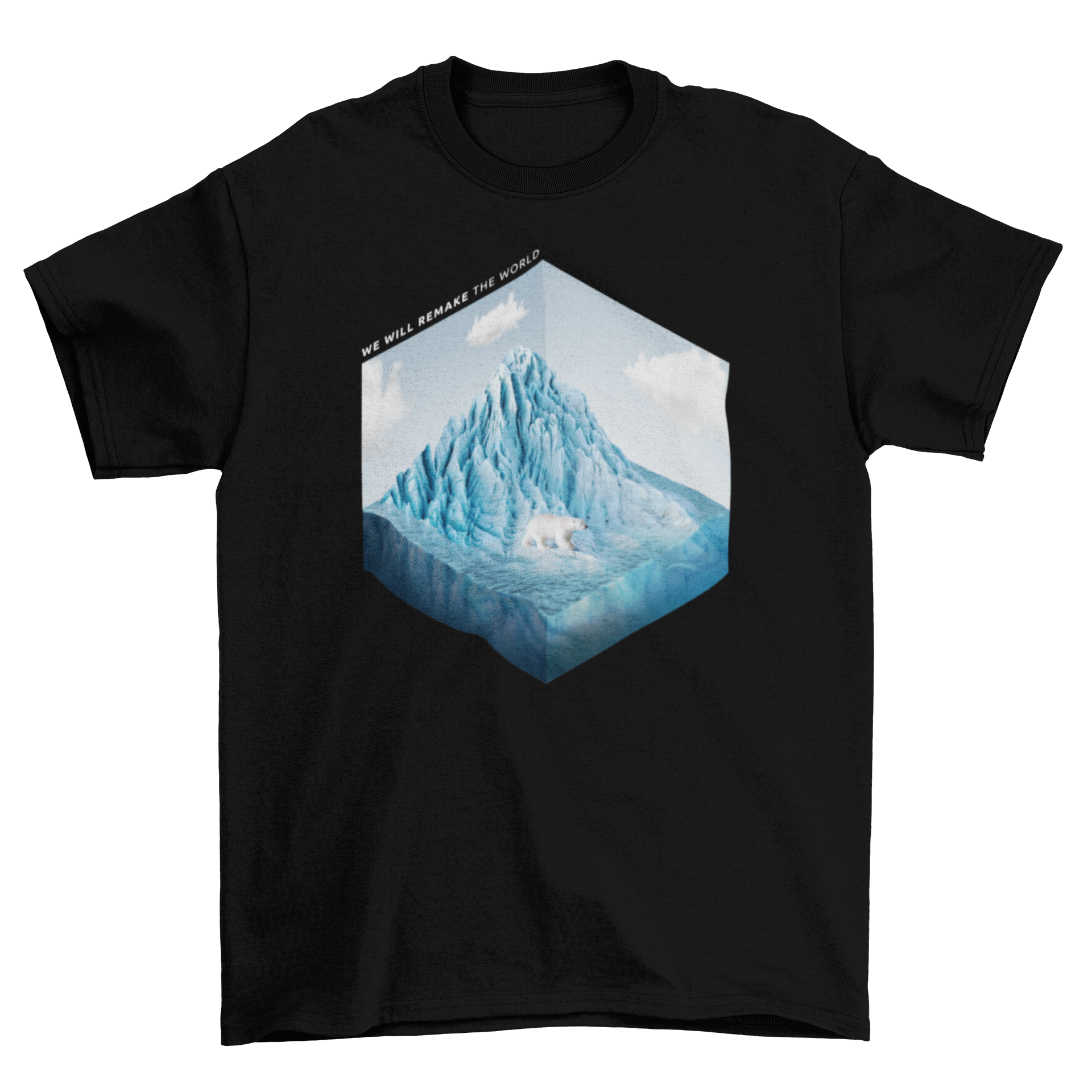 Awesome Cool Fashion Polar Bear T-shirt featuring a polar bear on an iceberg with the quote 'We will remake the world'.