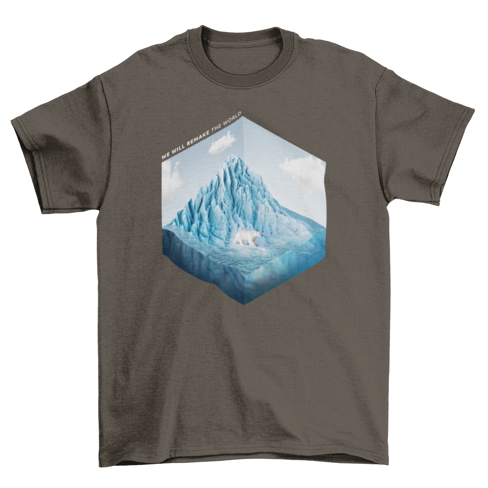 Awesome Cool Fashion Polar Bear T-shirt featuring a polar bear on an iceberg with the quote 'We will remake the world'.