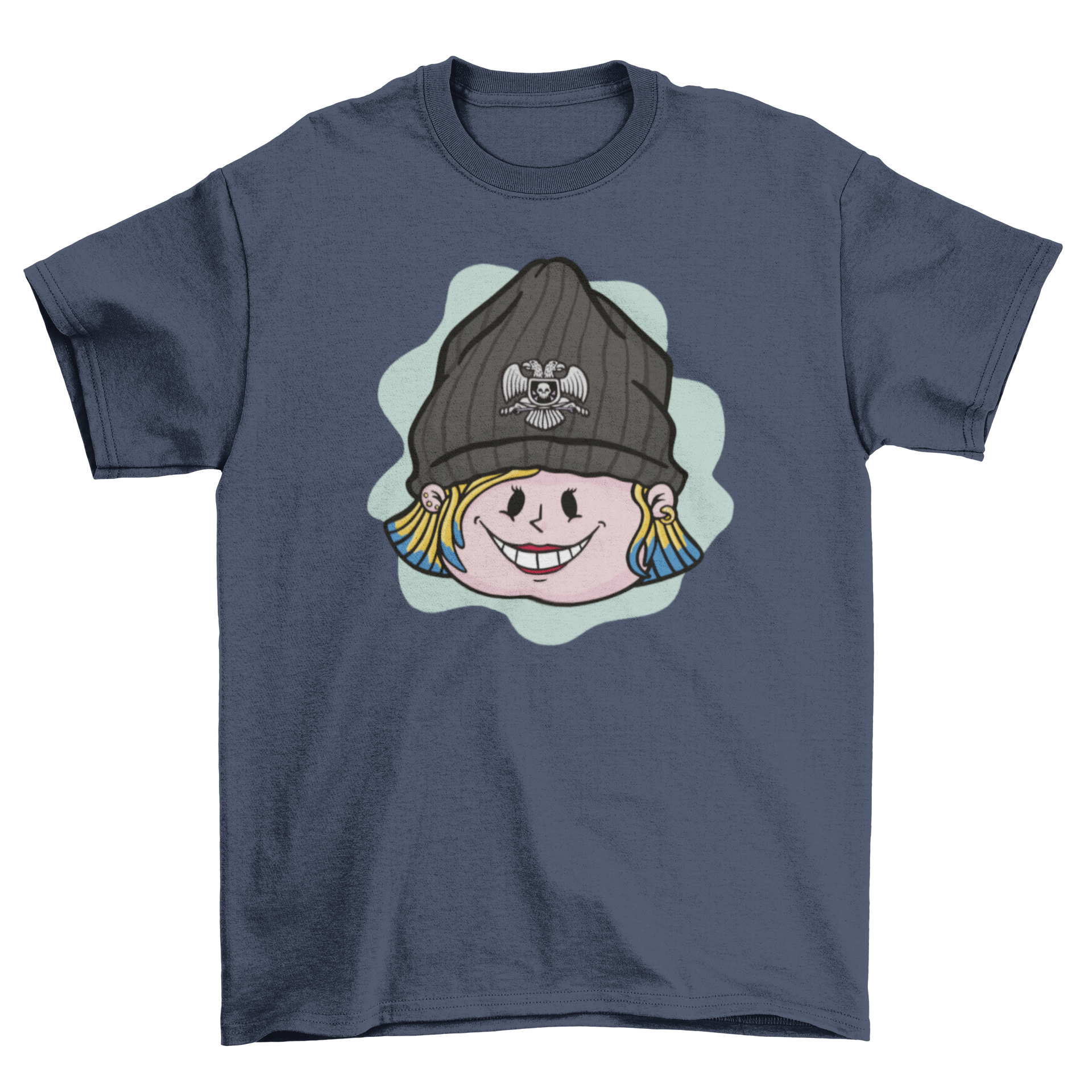 A stylish cartoon t-shirt featuring a cool girl wearing a black hat, perfect for casual wear.