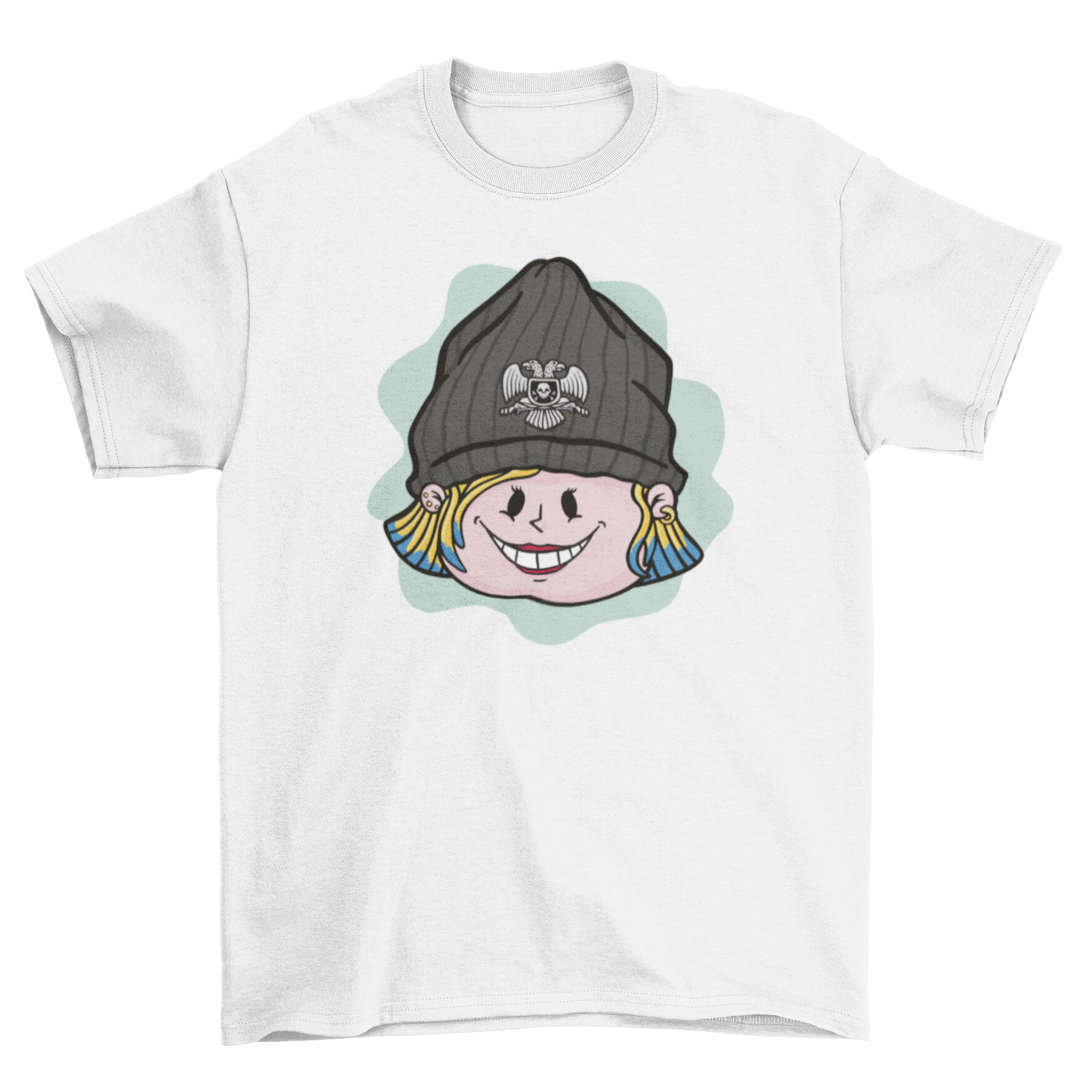 A stylish cartoon t-shirt featuring a cool girl wearing a black hat, perfect for casual wear.