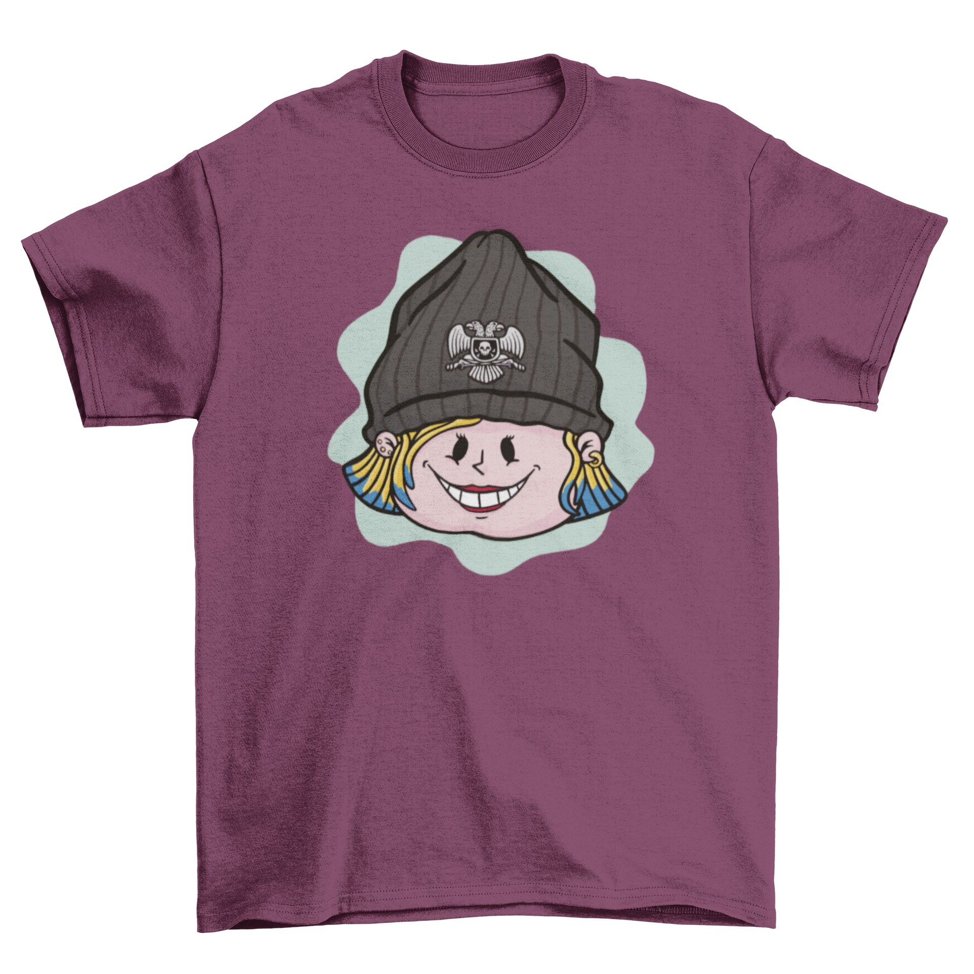 A stylish cartoon t-shirt featuring a cool girl wearing a black hat, perfect for casual wear.