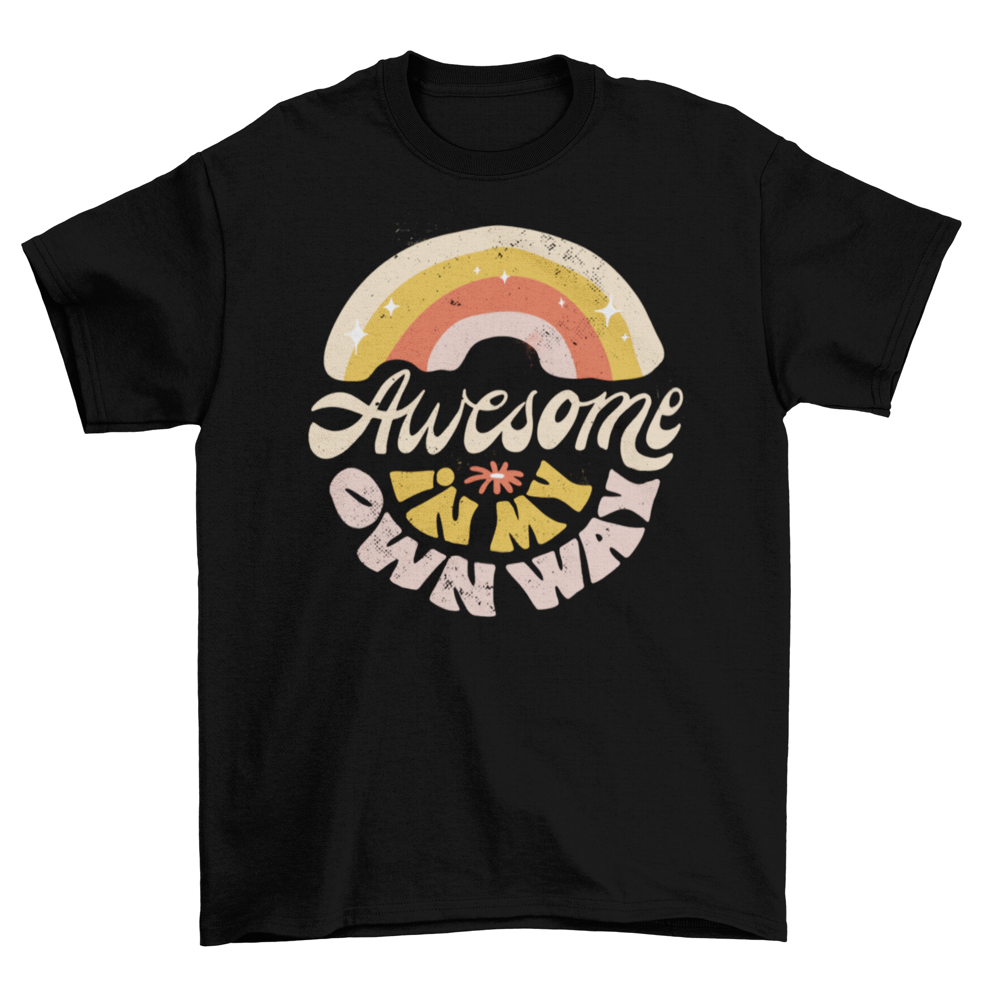 Awesome Diversity Retro T-Shirt featuring a colorful rainbow and the quote 'Awesome in my own way' on a soft fabric.