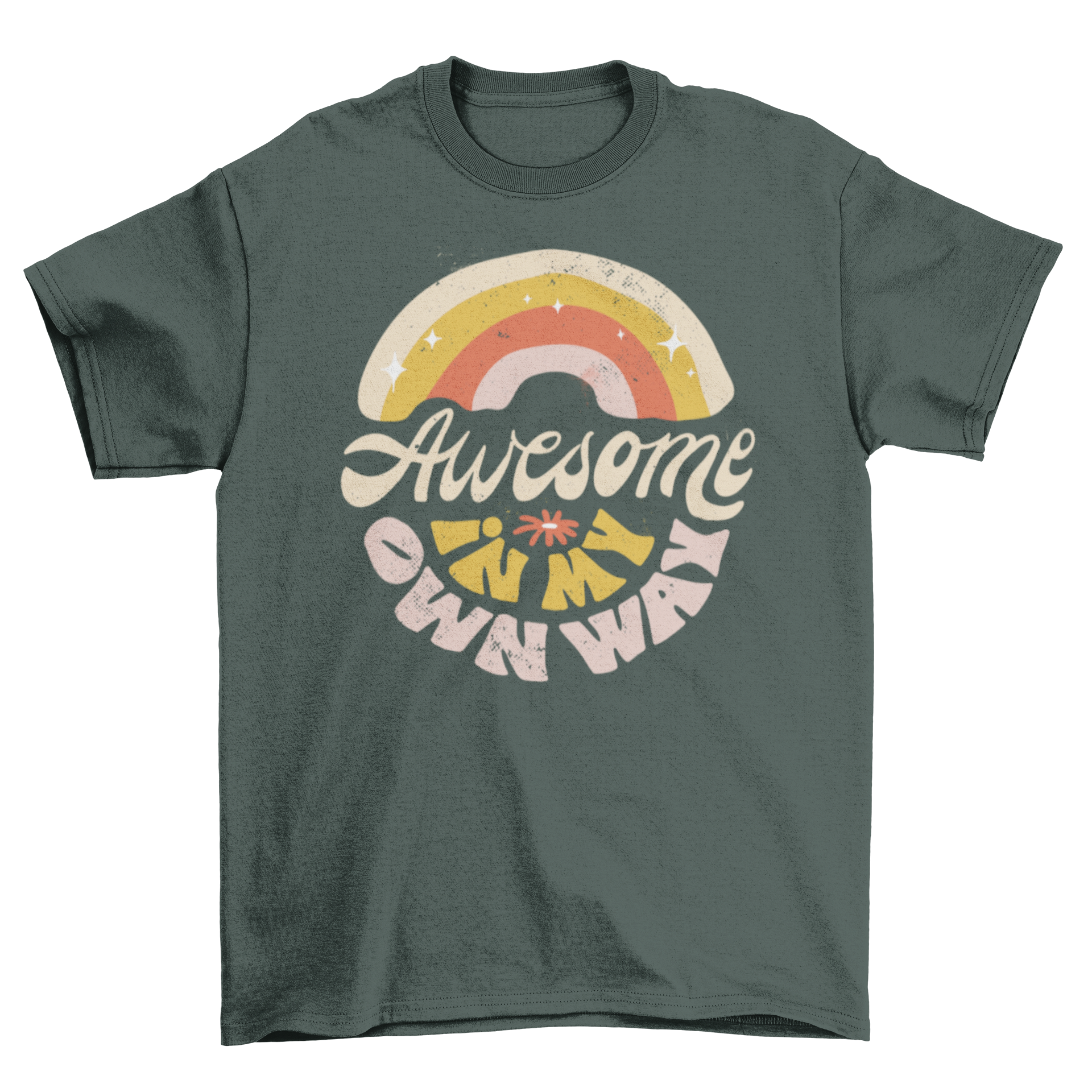 Awesome Diversity Retro T-Shirt featuring a colorful rainbow and the quote 'Awesome in my own way' on a soft fabric.