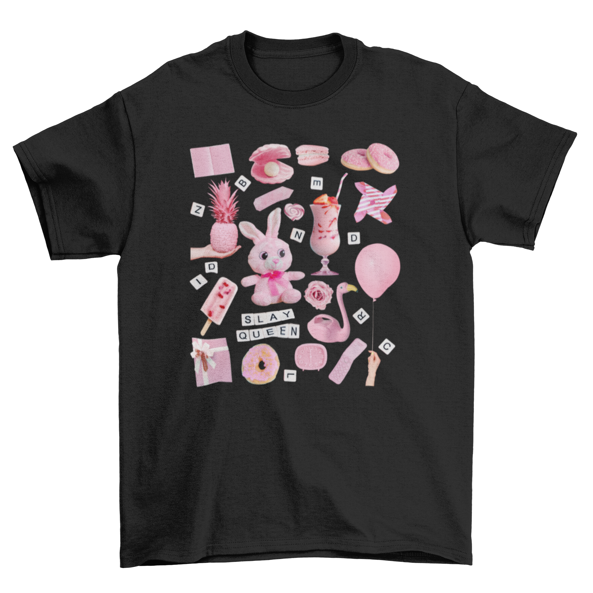 A stylish women's t-shirt featuring a vibrant pink tones photographic collage design, perfect for casual wear.