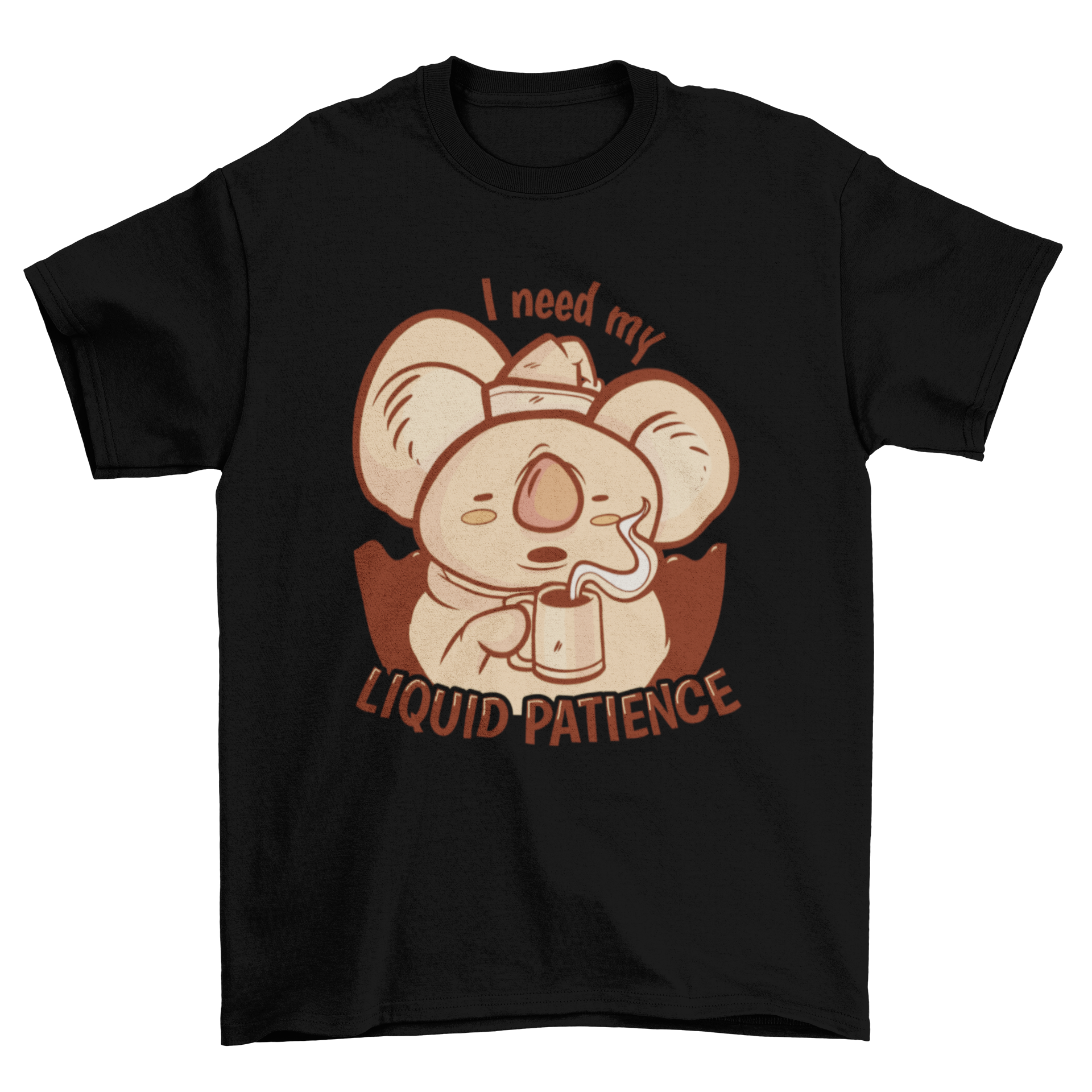 A humorous t-shirt featuring a sleepy koala with the quote 'I need my liquid patience', perfect for casual wear.