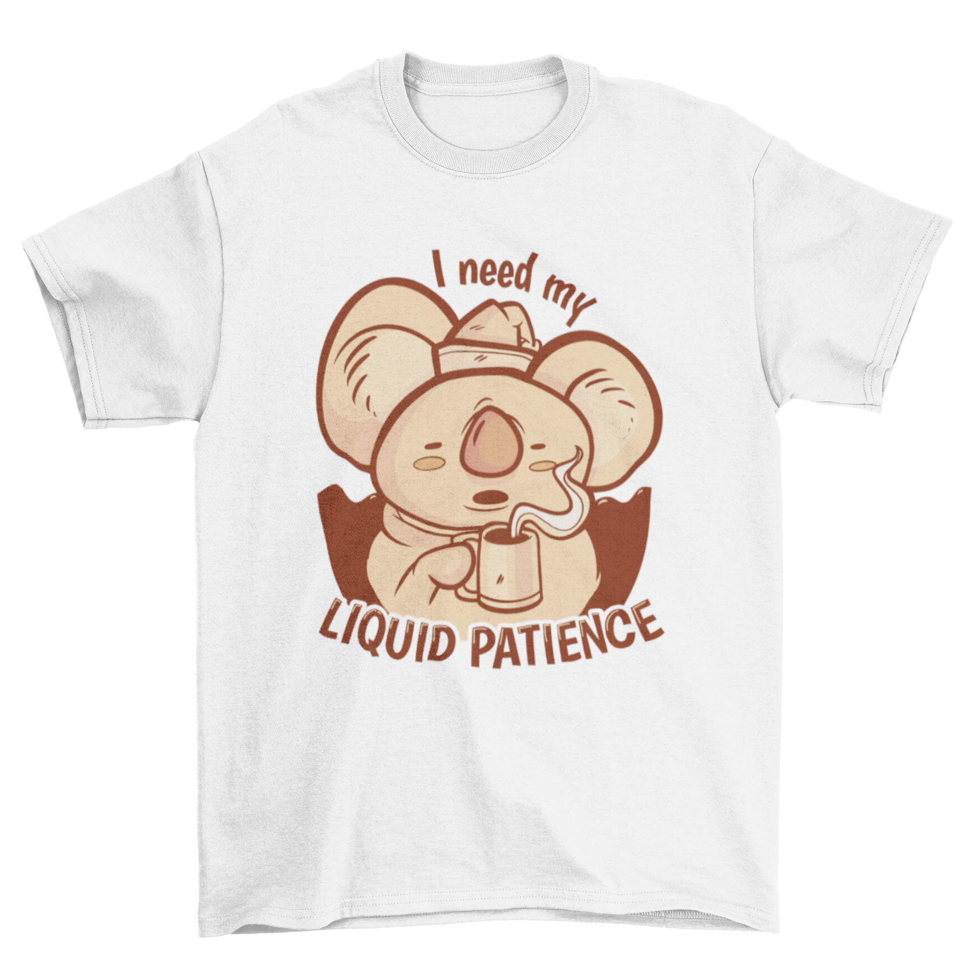 A humorous t-shirt featuring a sleepy koala with the quote 'I need my liquid patience', perfect for casual wear.