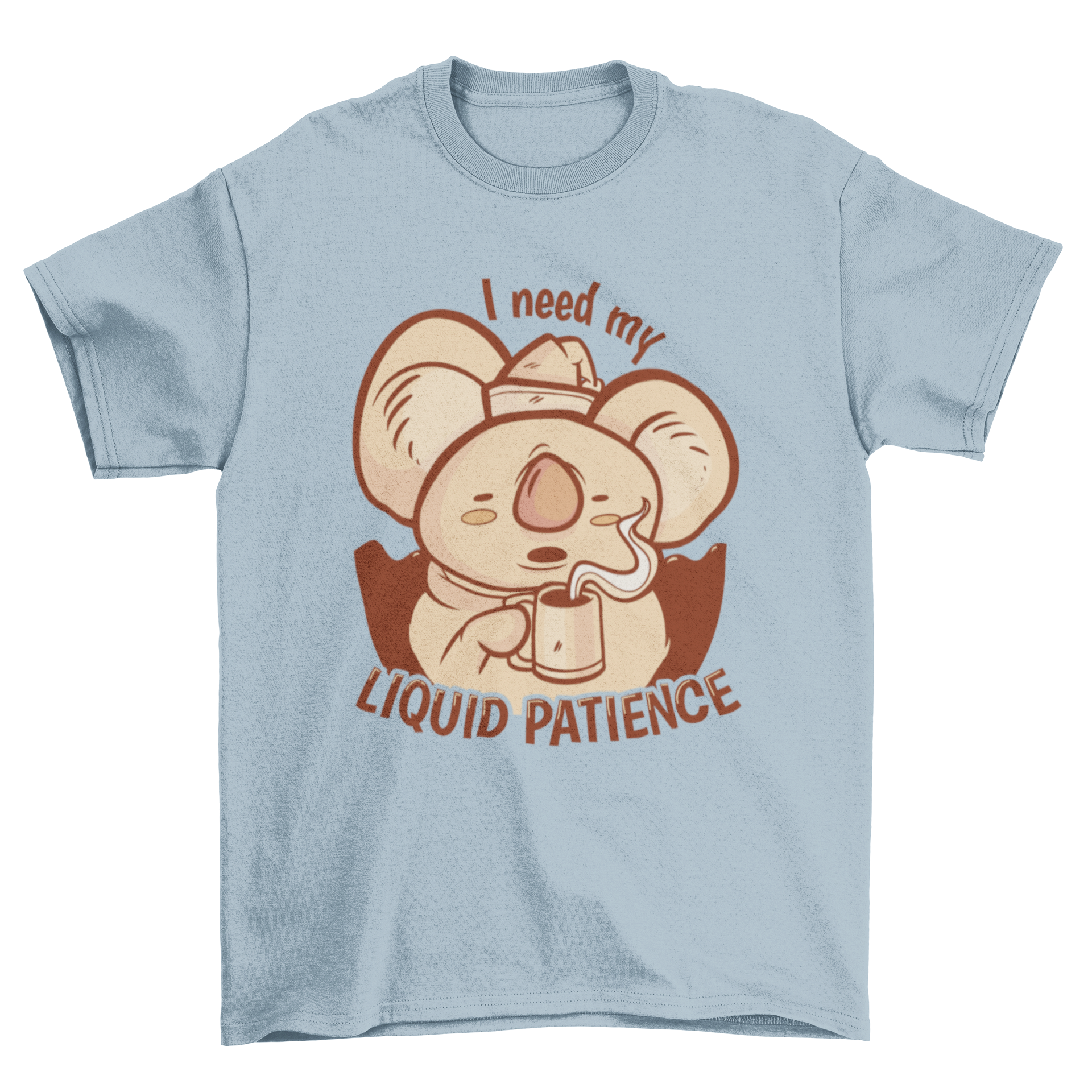 A humorous t-shirt featuring a sleepy koala with the quote 'I need my liquid patience', perfect for casual wear.