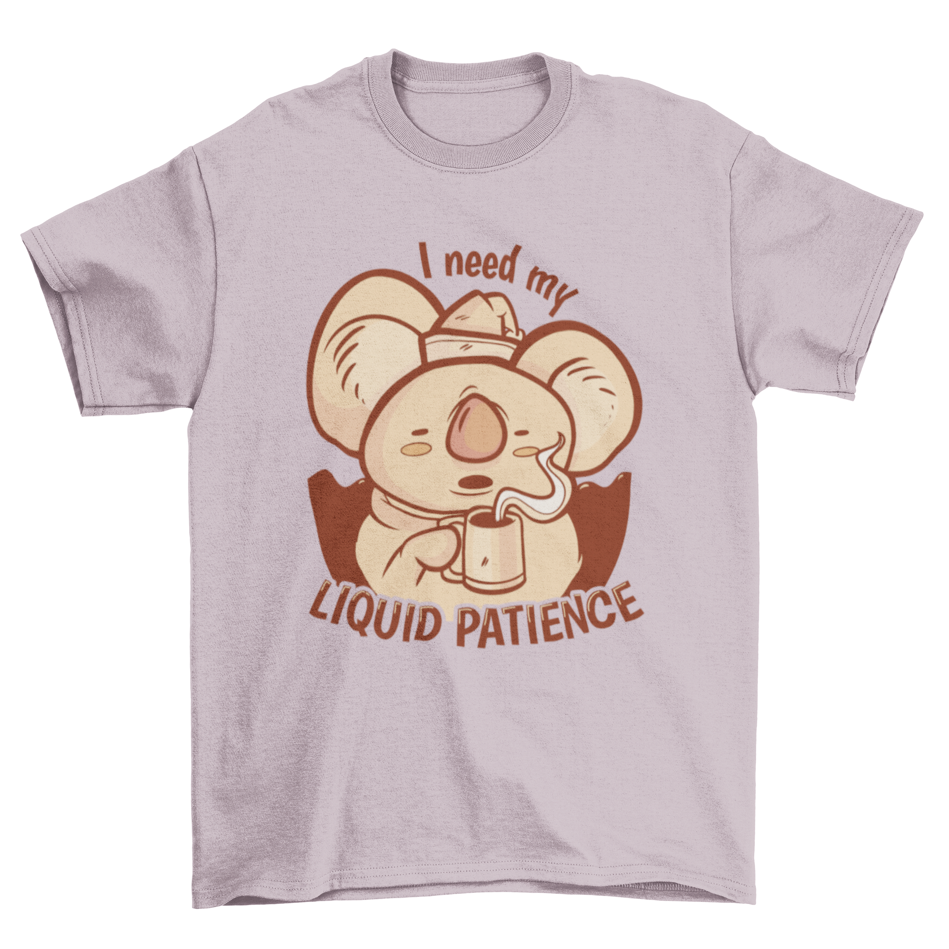 A humorous t-shirt featuring a sleepy koala with the quote 'I need my liquid patience', perfect for casual wear.