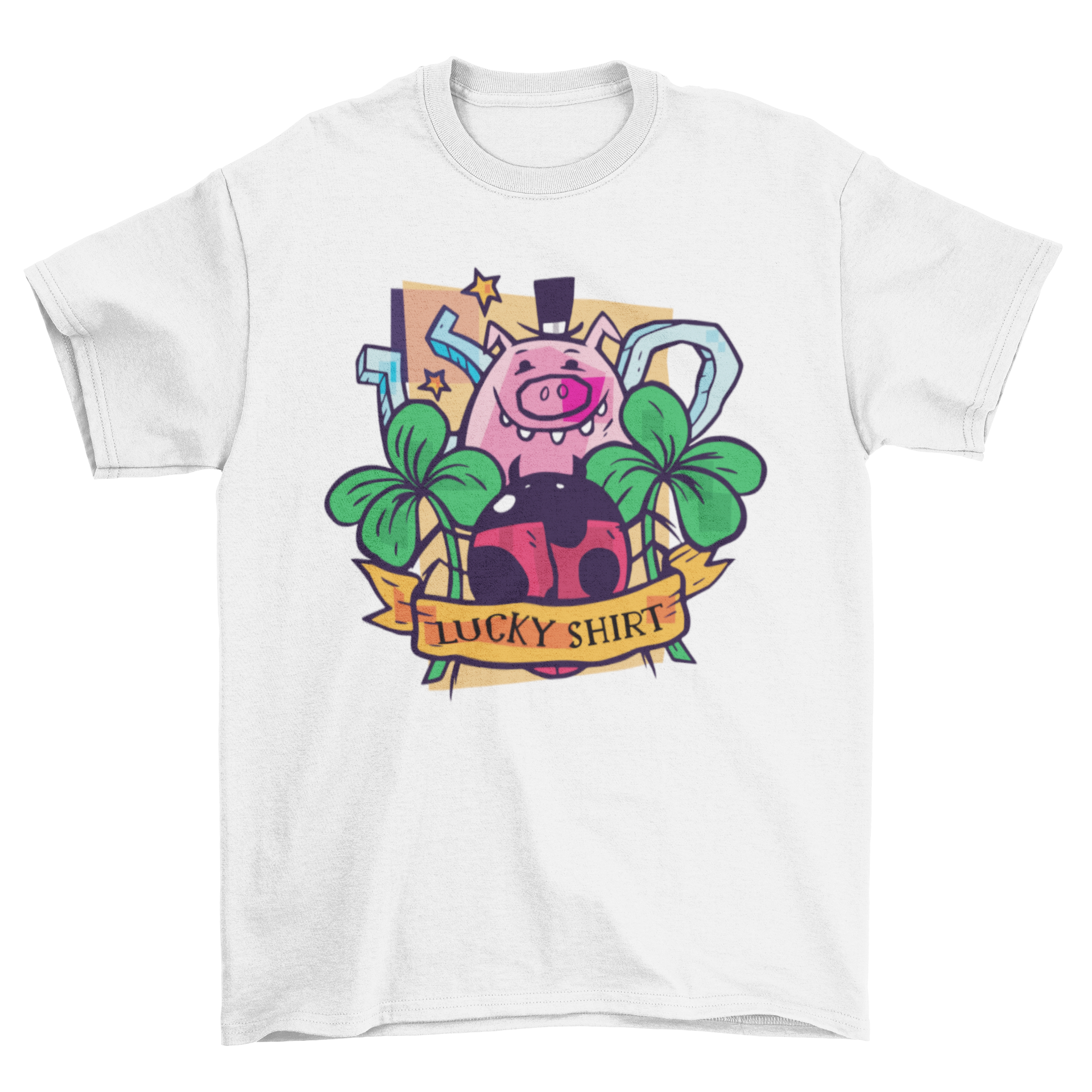 A stylish t-shirt featuring various lucky charm symbols and the text 'LUCKY SHIRT', perfect for casual wear.