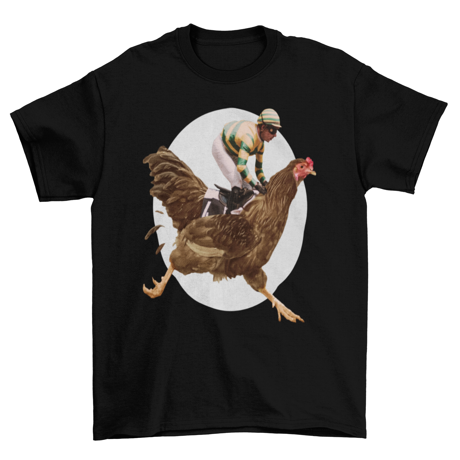 A vibrant t-shirt featuring a man riding a giant chicken in a surreal race scene.