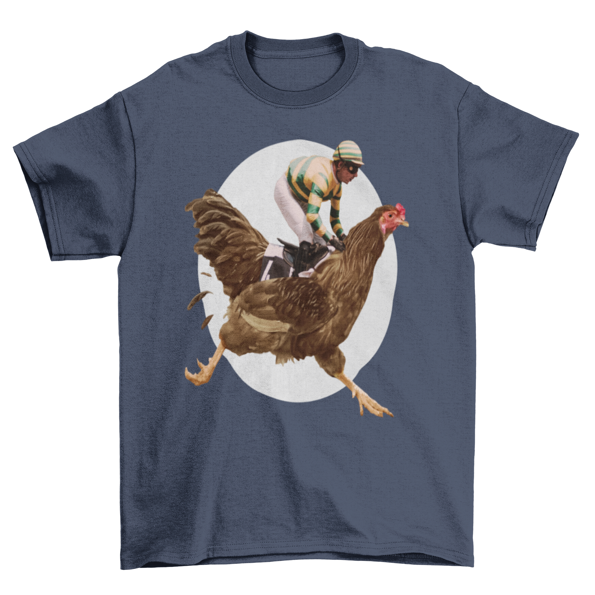 A vibrant t-shirt featuring a man riding a giant chicken in a surreal race scene.