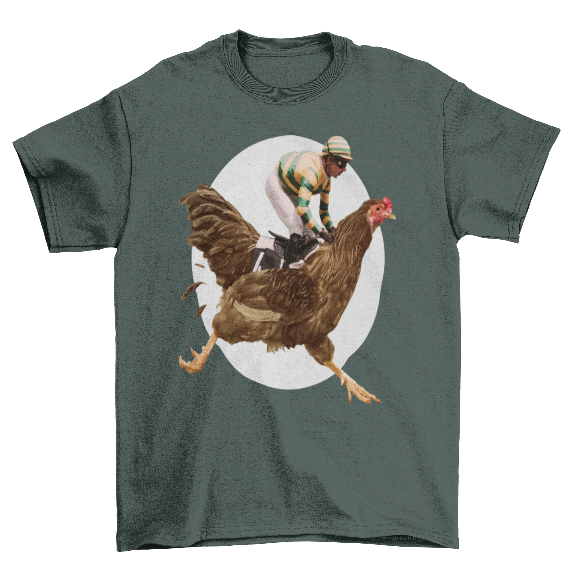 A vibrant t-shirt featuring a man riding a giant chicken in a surreal race scene.