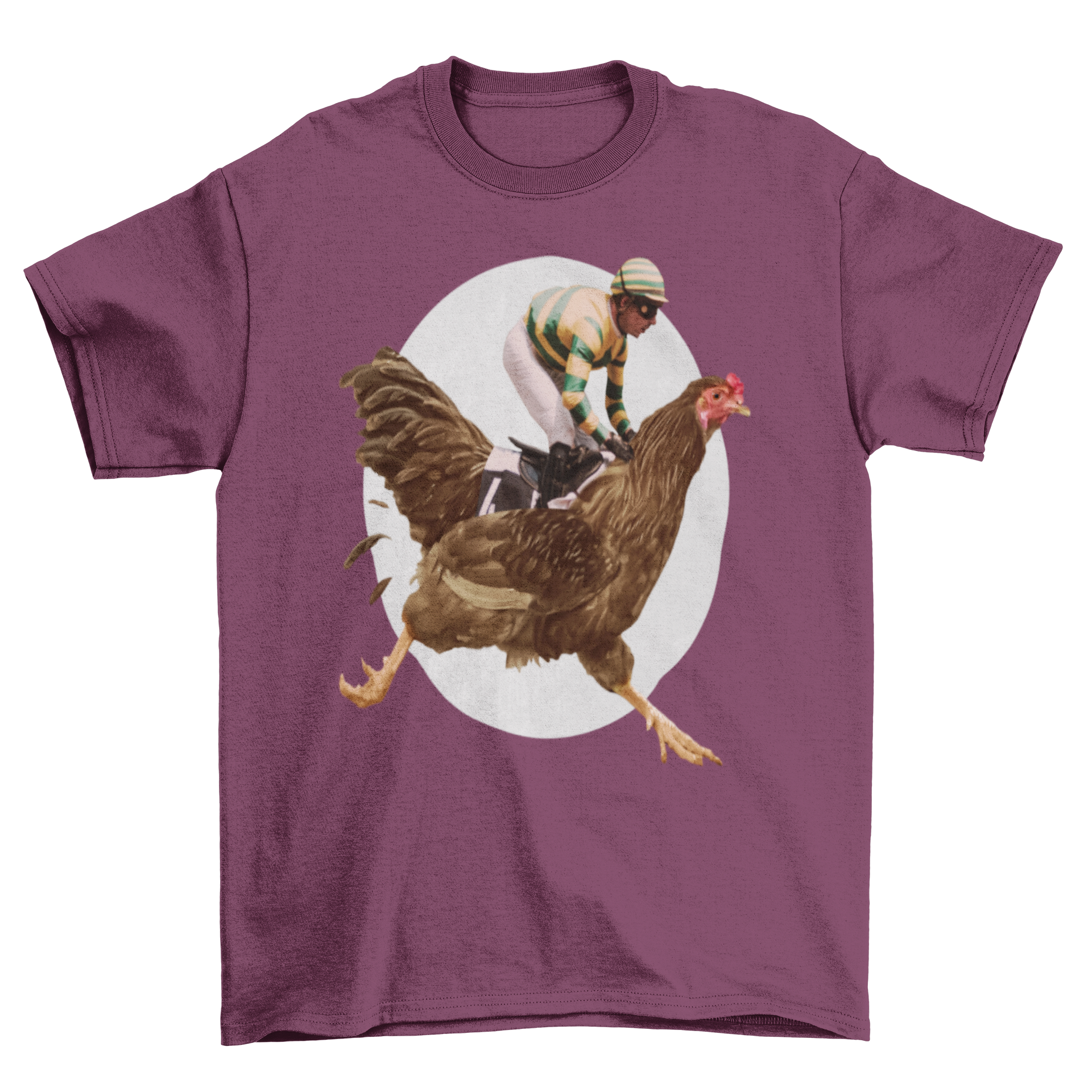 A vibrant t-shirt featuring a man riding a giant chicken in a surreal race scene.