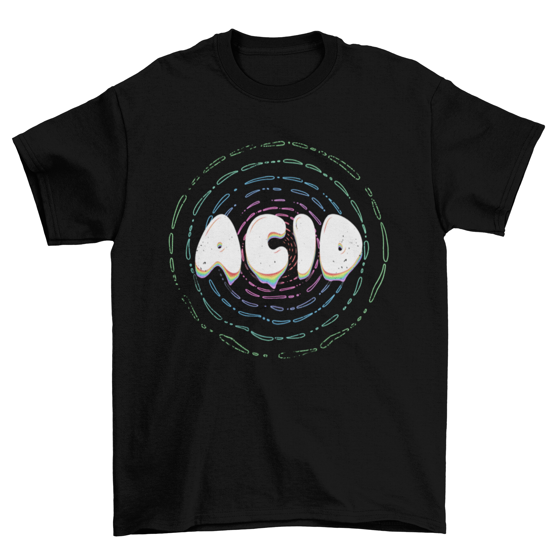 A vibrant acid effect t-shirt featuring a psychodelic design with editable text, perfect for bold fashion statements.