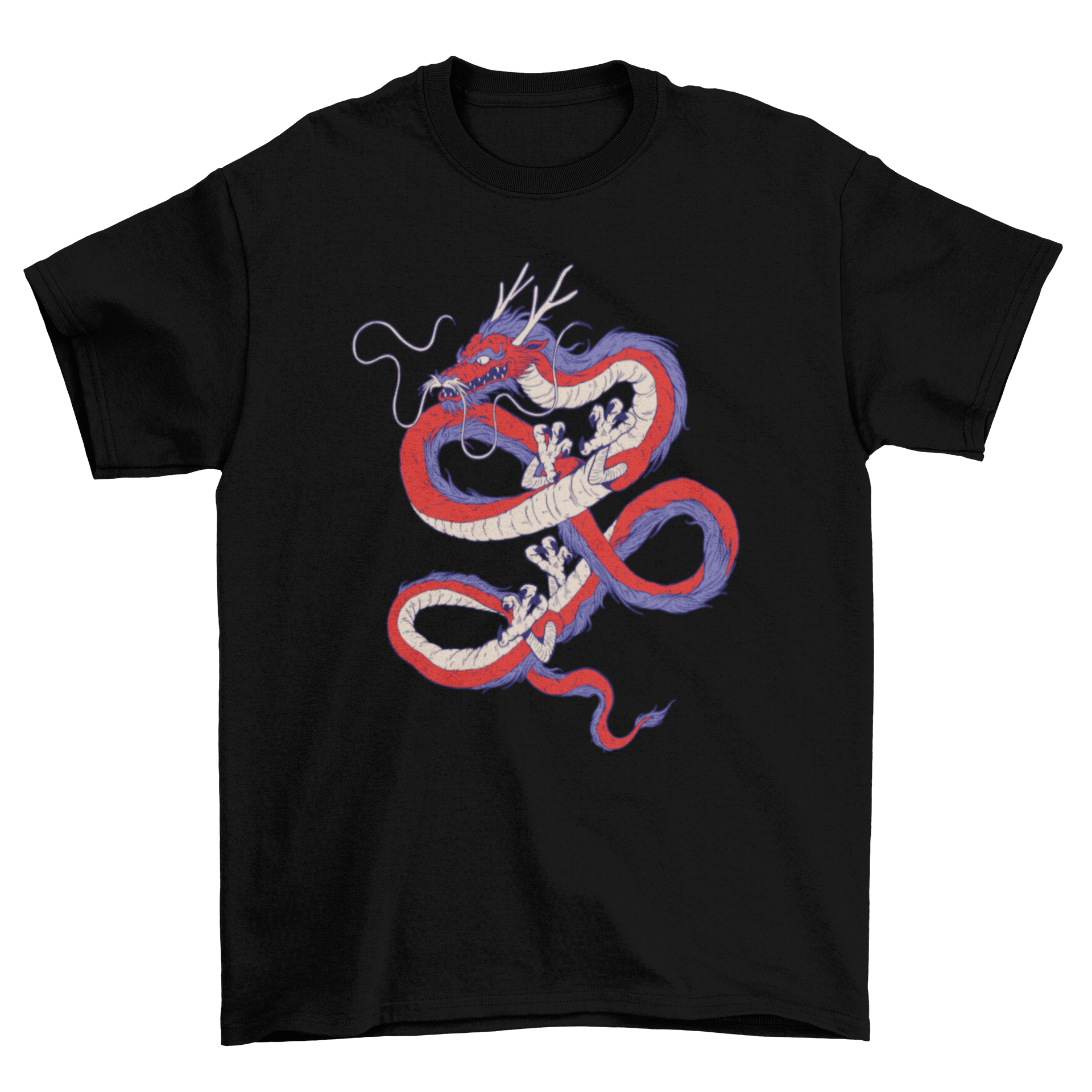 Awesome Red Blue Chinese Dragon T-shirt featuring a vibrant dragon design in red and blue colors.