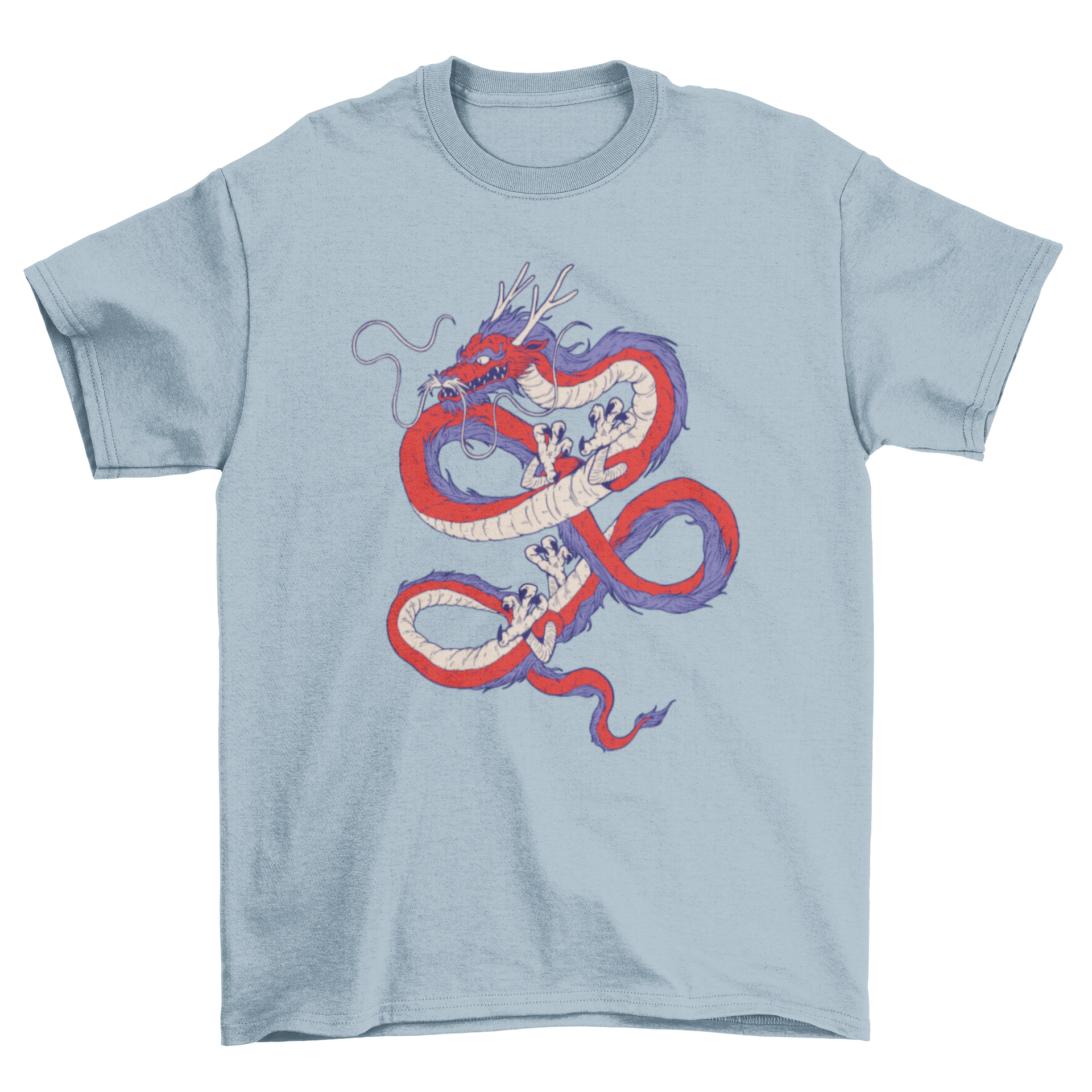 Awesome Red Blue Chinese Dragon T-shirt featuring a vibrant dragon design in red and blue colors.