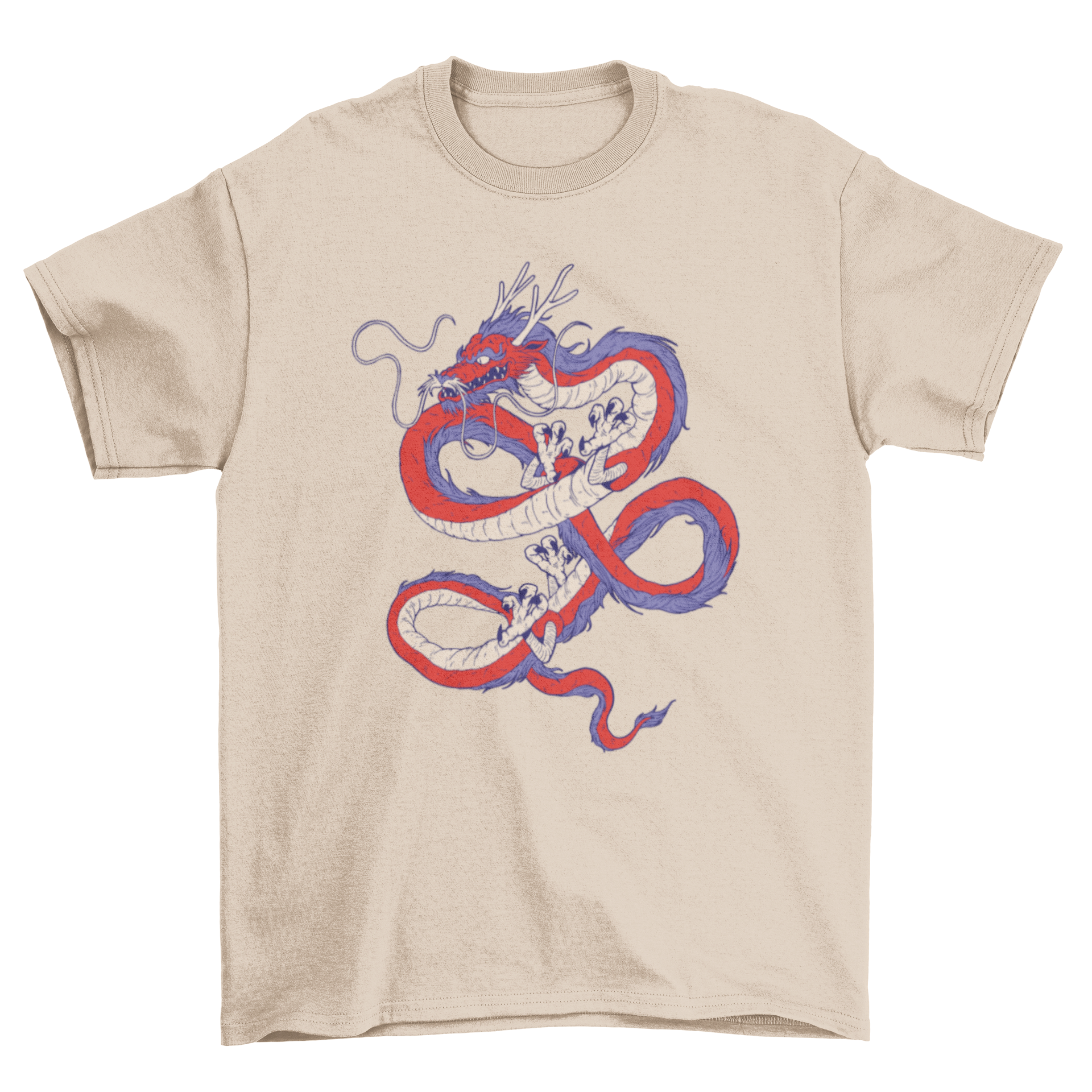 Awesome Red Blue Chinese Dragon T-shirt featuring a vibrant dragon design in red and blue colors.