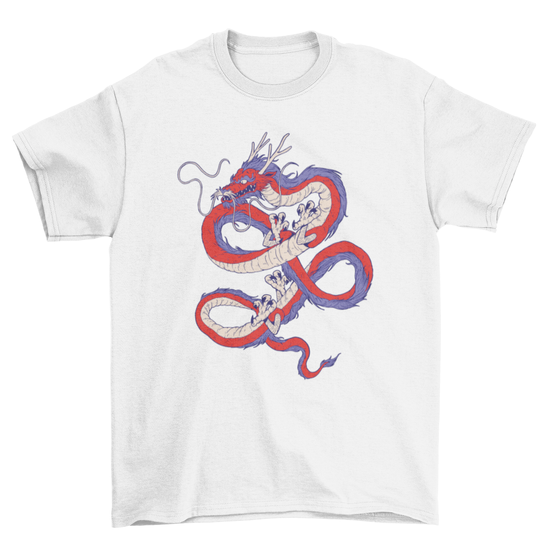 Awesome Red Blue Chinese Dragon T-shirt featuring a vibrant dragon design in red and blue colors.