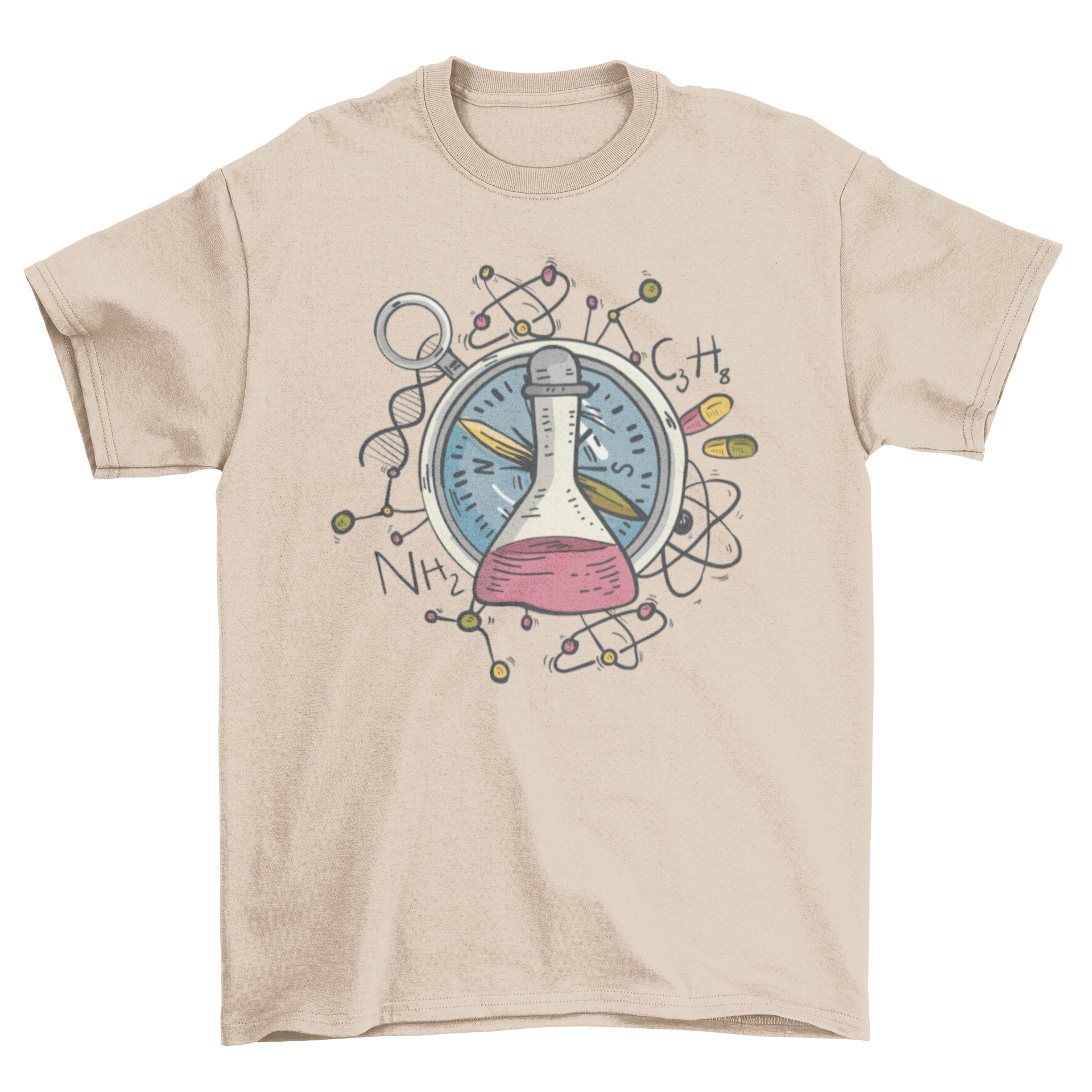 Awesome Science t-shirt featuring a chemistry flask and compass design, perfect for science enthusiasts.