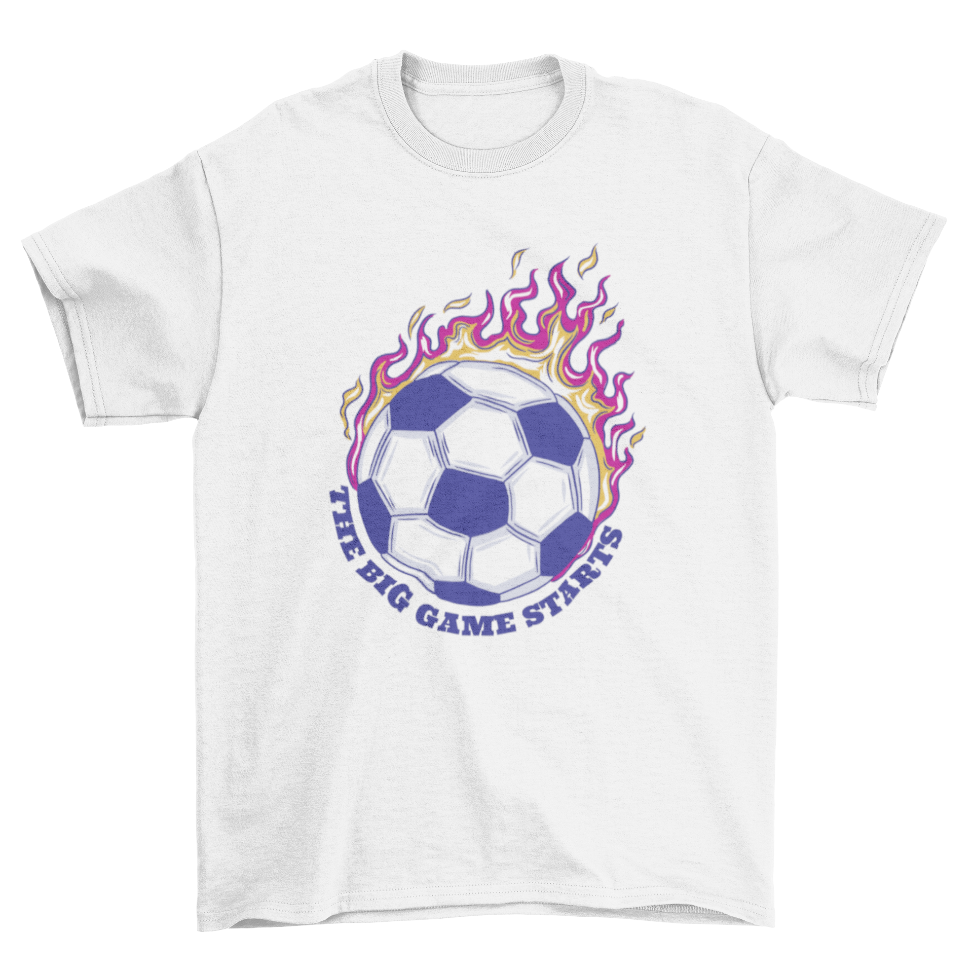 Awesome t-shirt featuring a soccer ball on fire with the quote 'The big game starts'.