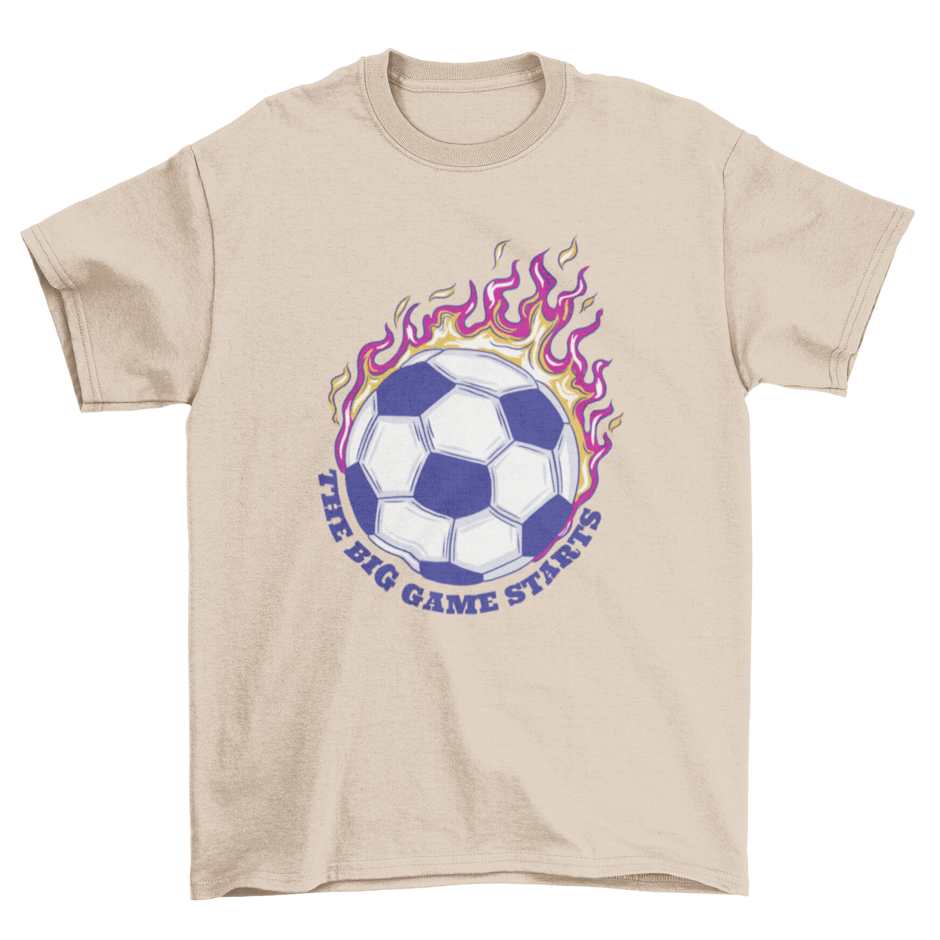 Awesome t-shirt featuring a soccer ball on fire with the quote 'The big game starts'.