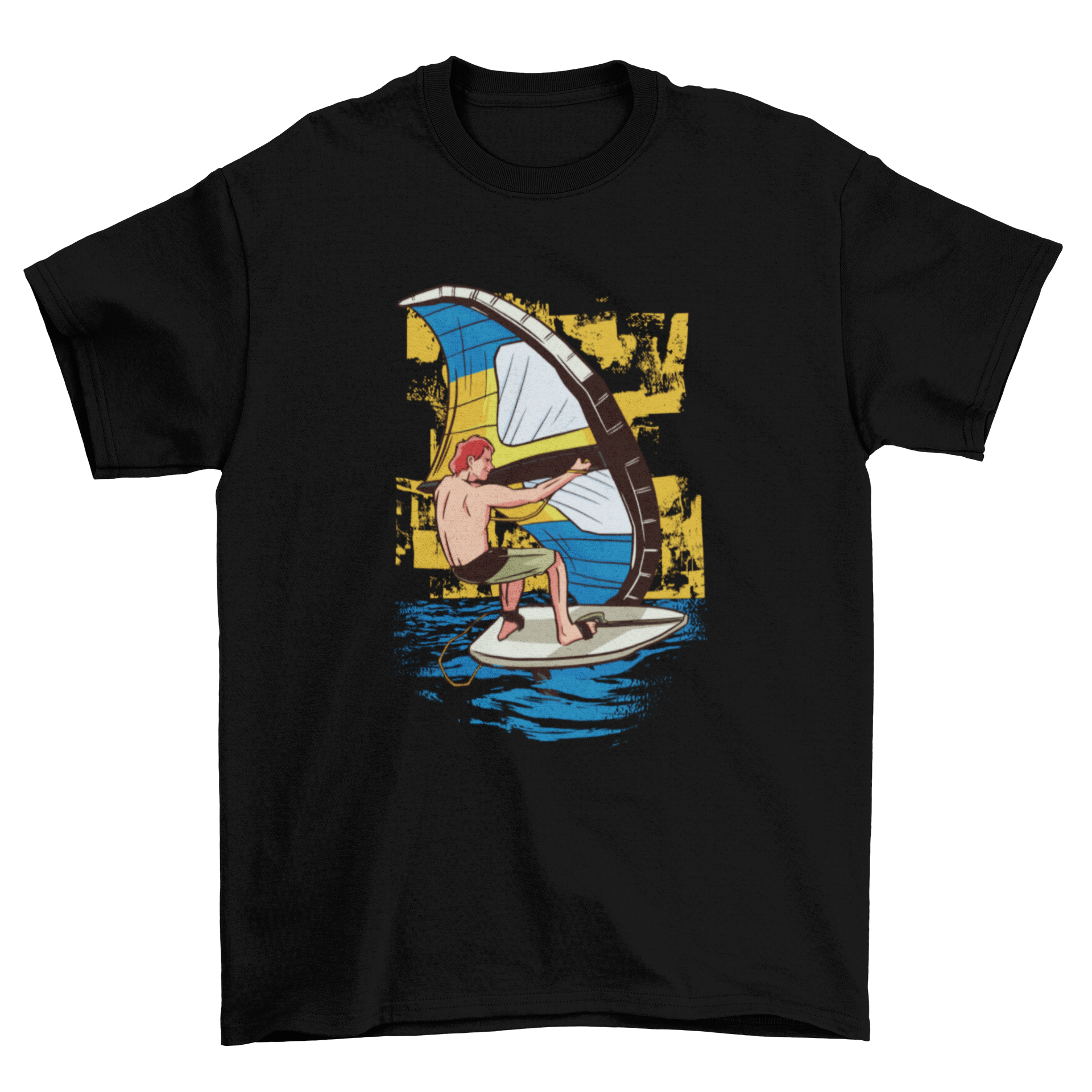 A stylish t-shirt featuring a graphic of a man practicing wing surfing against a vibrant background.