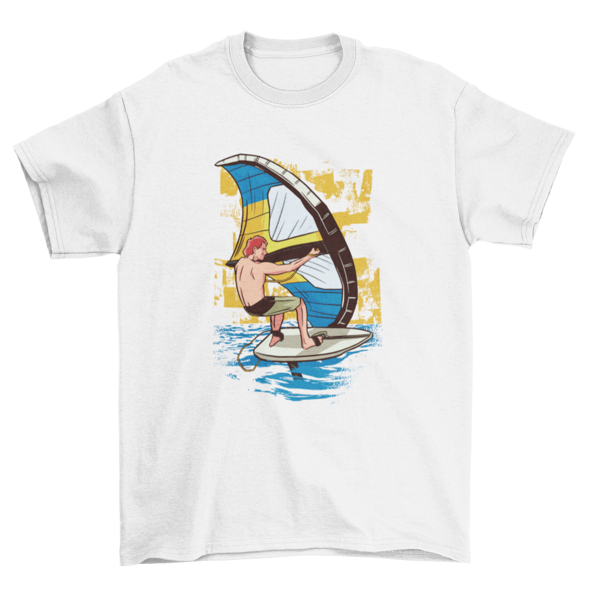 A stylish t-shirt featuring a graphic of a man practicing wing surfing against a vibrant background.