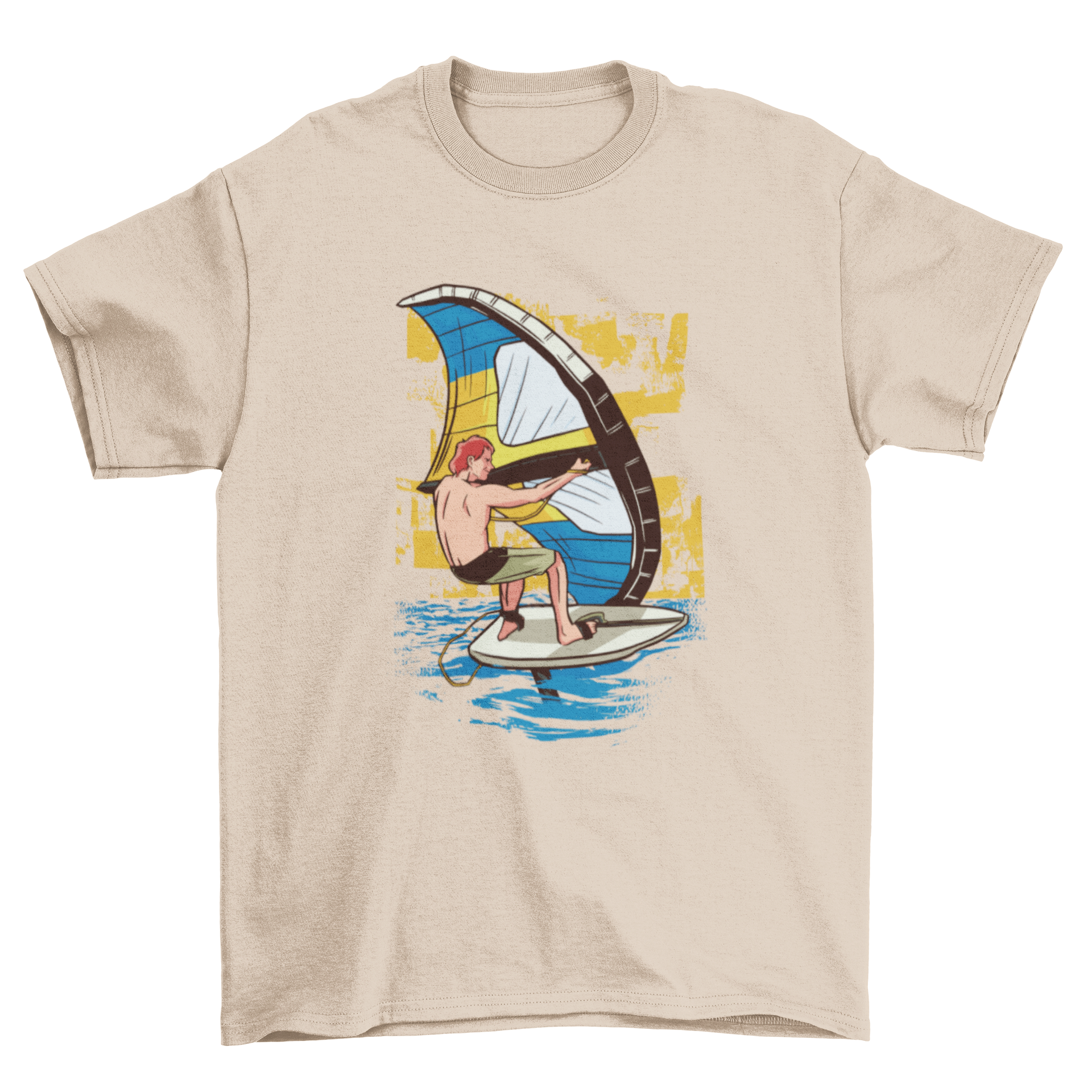 A stylish t-shirt featuring a graphic of a man practicing wing surfing against a vibrant background.