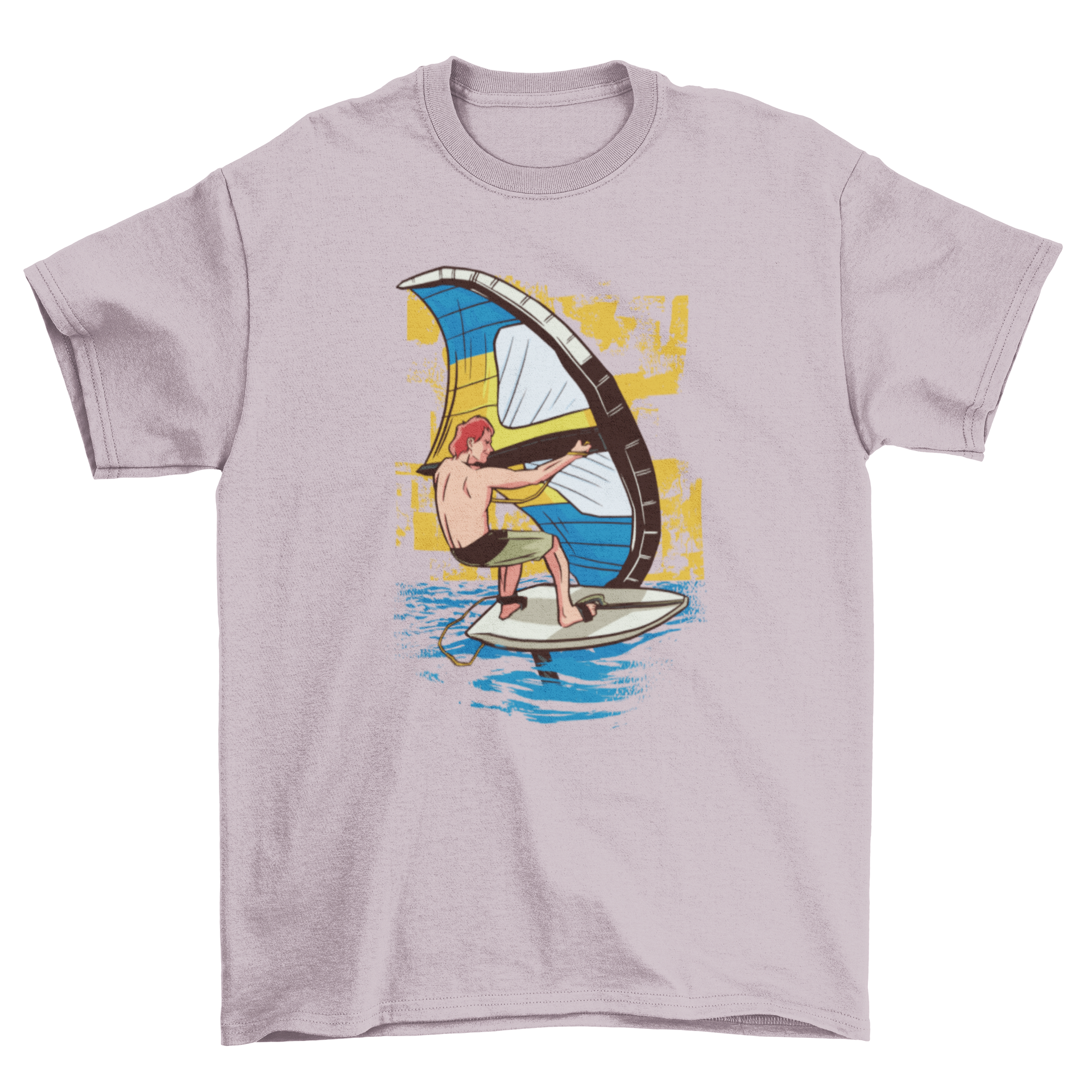 A stylish t-shirt featuring a graphic of a man practicing wing surfing against a vibrant background.