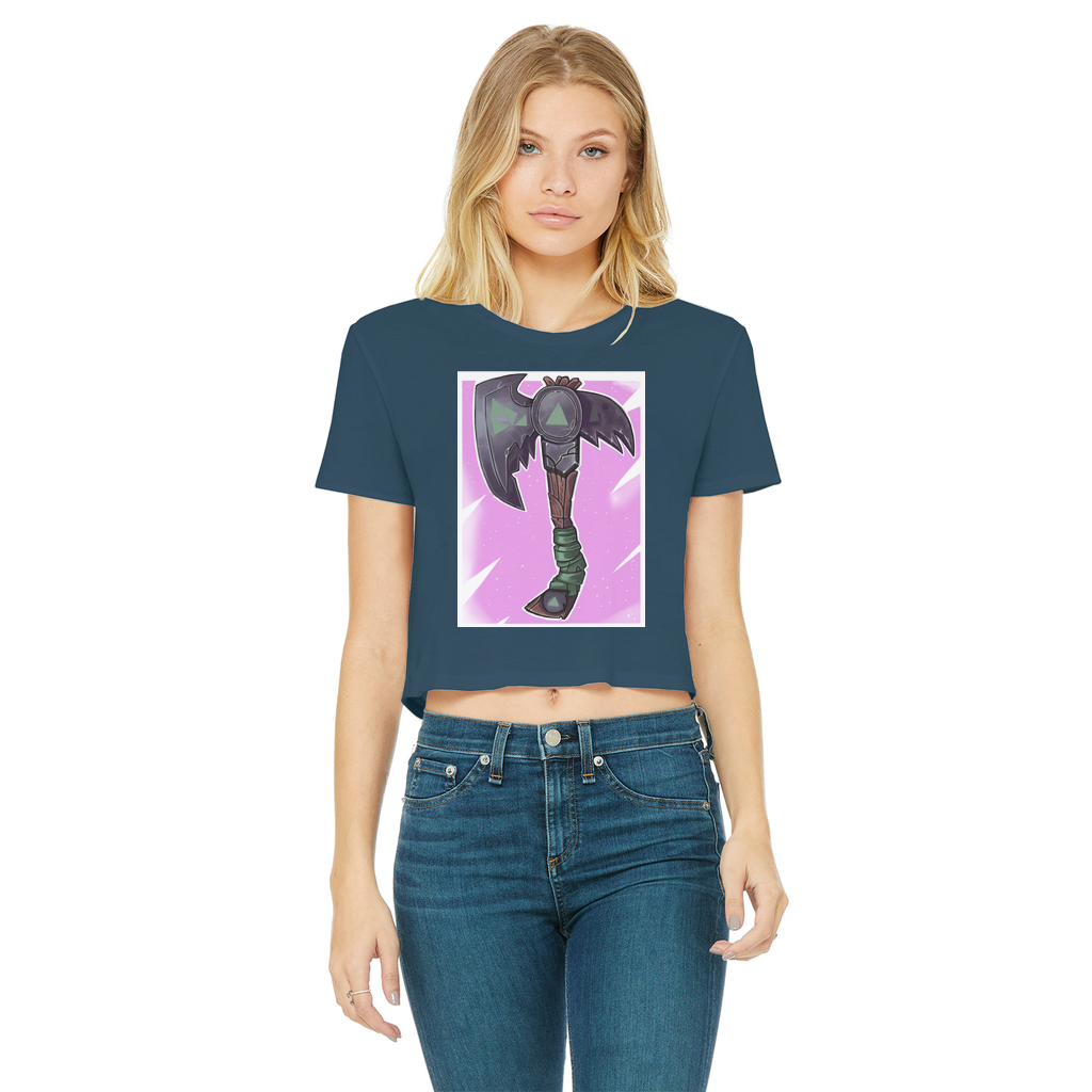 Axe Classic Women's Cropped Raw Edge T-Shirt featuring a round neck, short sleeves, and a stylish raw edge hem in various colors.