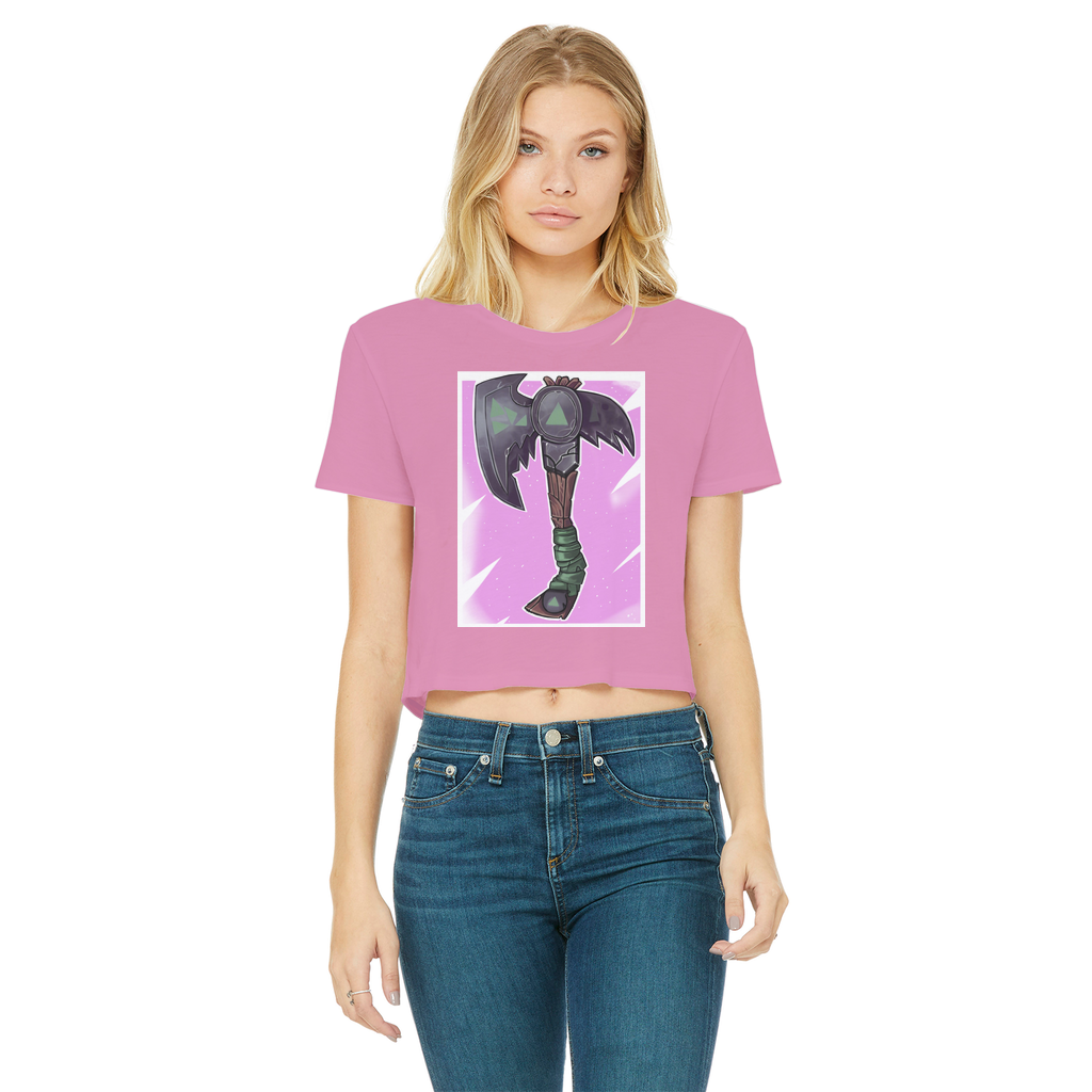 Axe Classic Women's Cropped Raw Edge T-Shirt featuring a round neck, short sleeves, and a stylish raw edge hem in various colors.