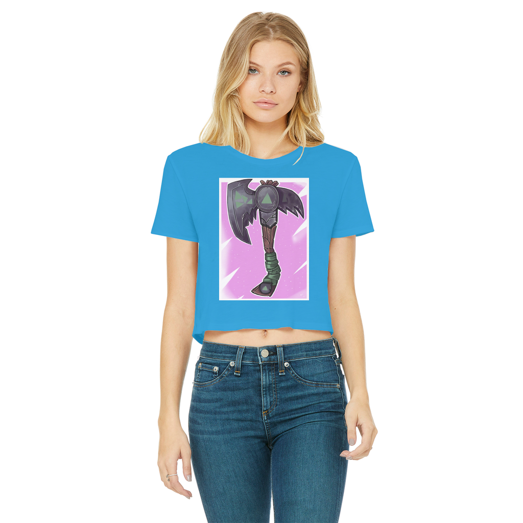 Axe Classic Women's Cropped Raw Edge T-Shirt featuring a round neck, short sleeves, and a stylish raw edge hem in various colors.