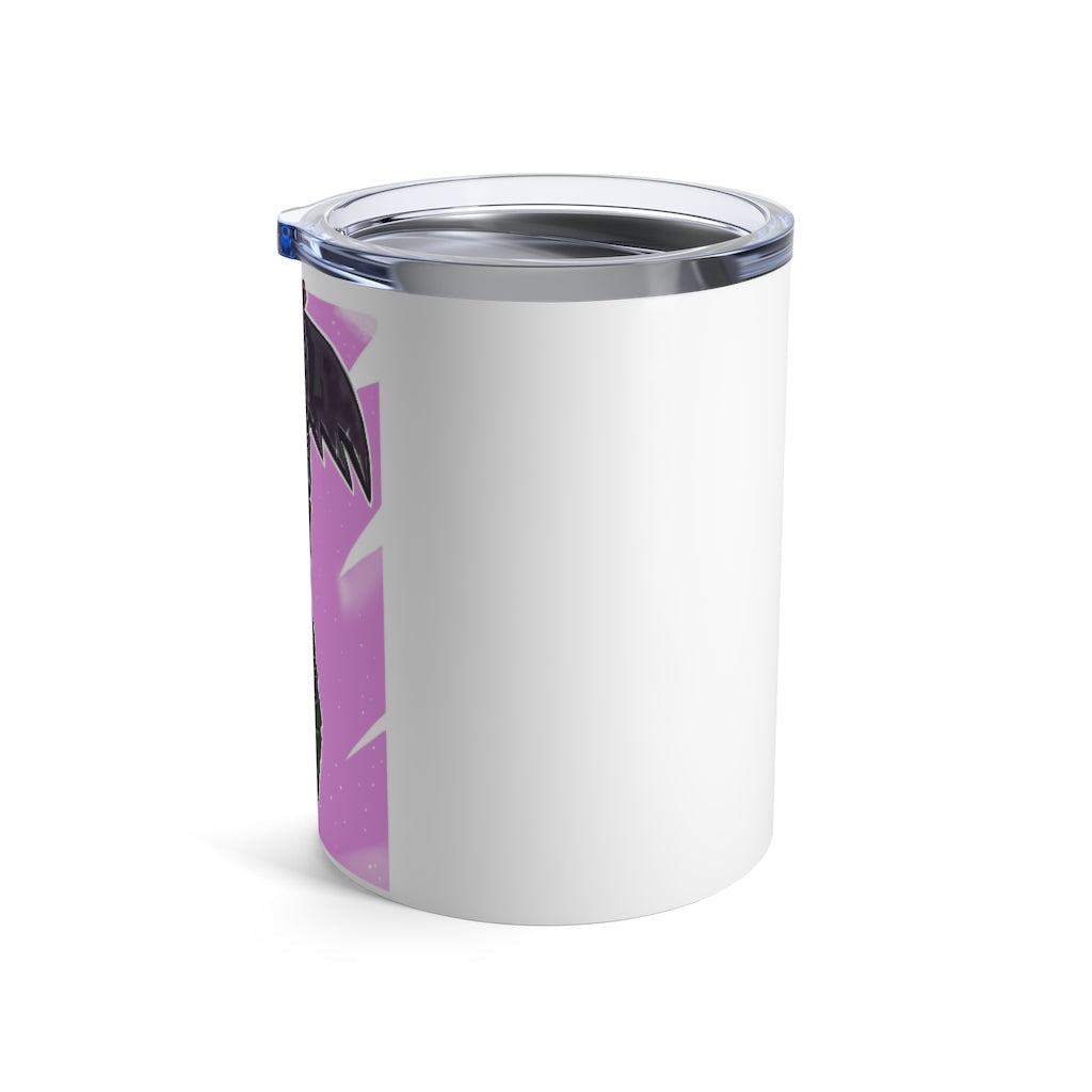 Axe Tumbler 10oz in stainless steel with a see-thru plastic lid, showcasing its sleek design and rounded corners.