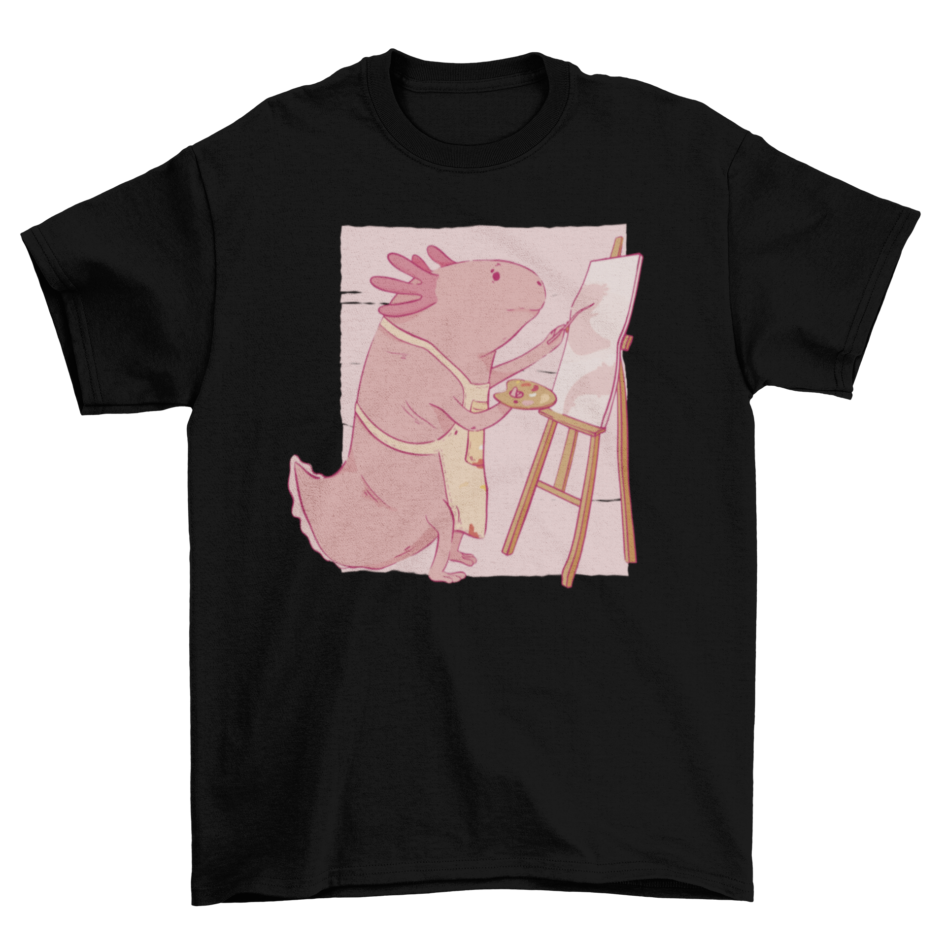 A stylish t-shirt featuring a vibrant axolotl painting, showcasing the unique design and artistic flair.